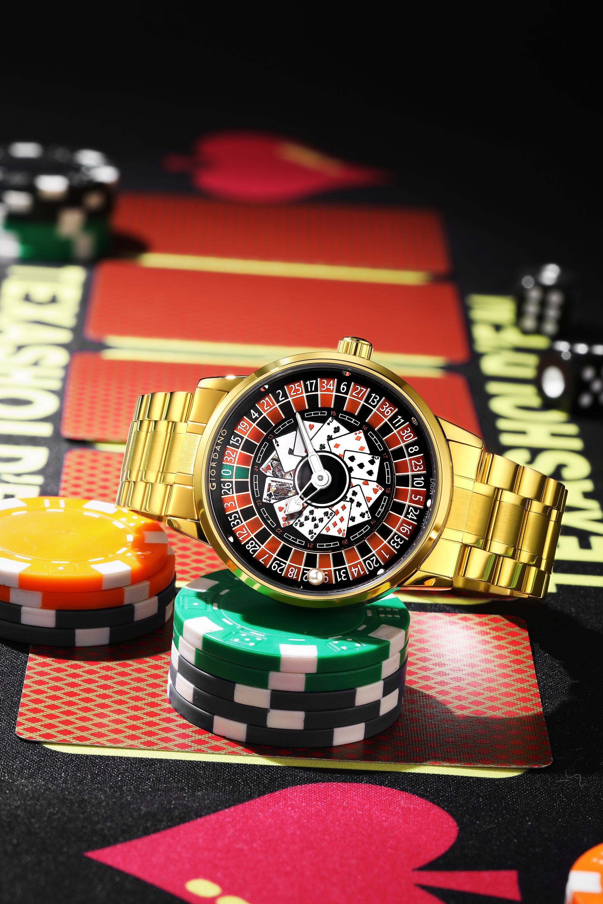 Giordano Casino Royale Analog Watch for Men– Unique Poker & Roulette Dial Design with Stainless Steel Strap – Stylish Luxury Watch GZ-50136-22