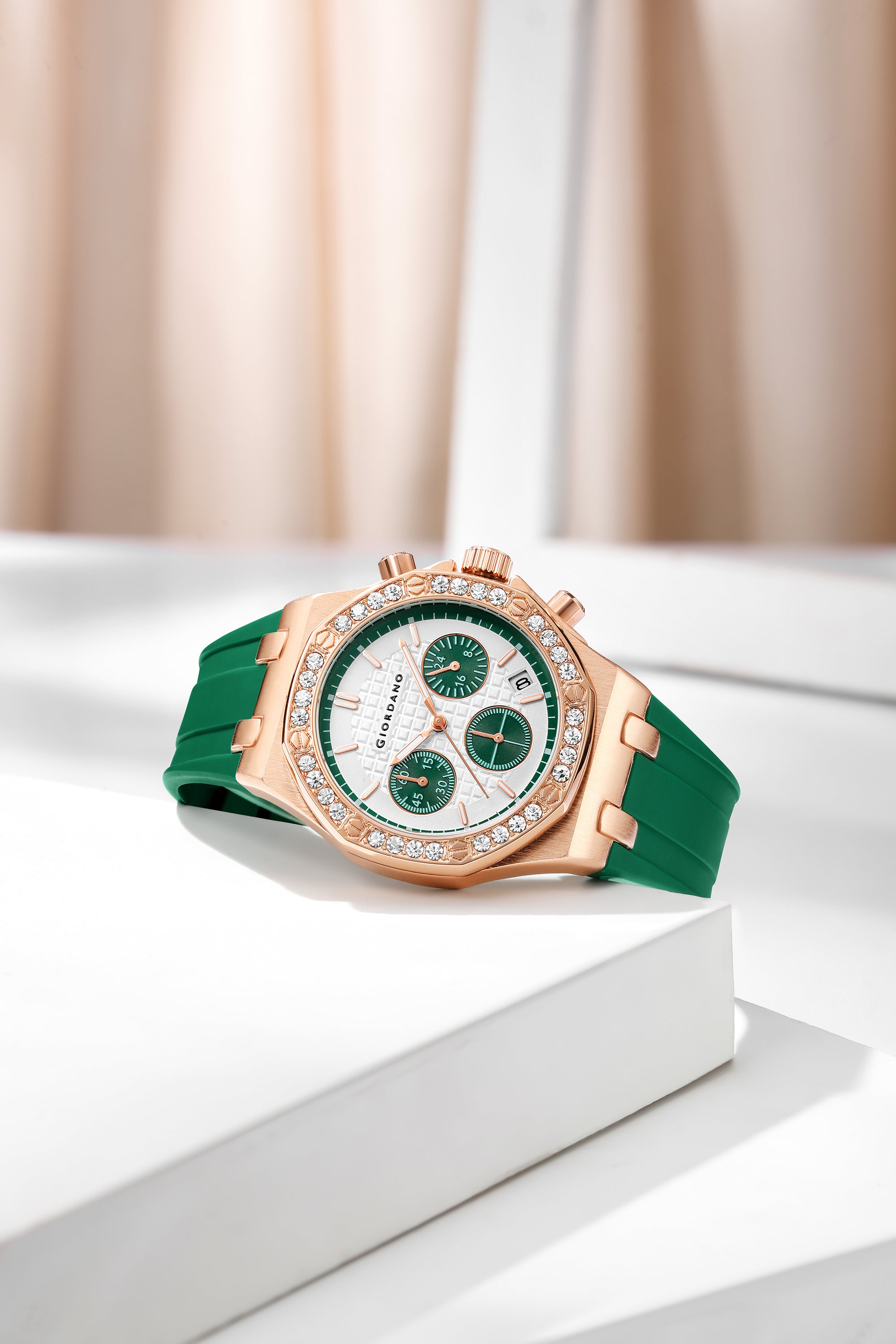 Giordano Chronograph Watch for Women | Stainless Steel Case, Crystal bezel | Modern & Stylish Timepiece with Comfortable Silicone Strap | GZ-50154-33