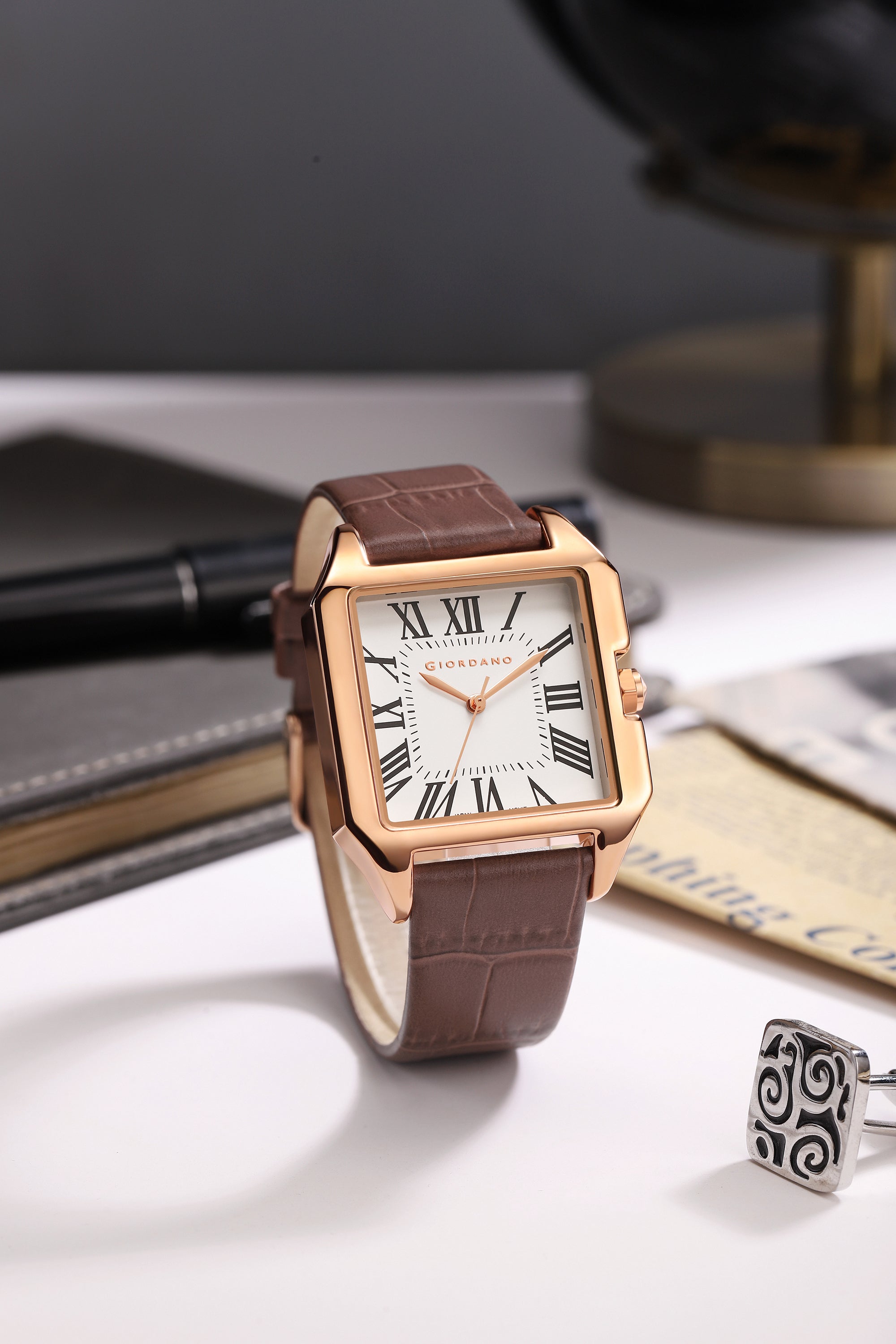 Giordano Vintage Square Watch for Women with Classic Roman Indices and Leather Strap - GZ-60080-02