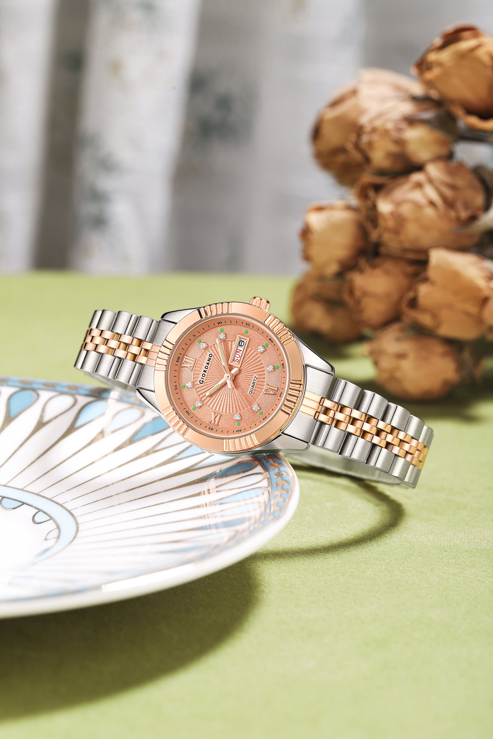 Giordano Analog Quartz Watch for Women with Day & Date Display, Textured Dial, Diamond Hour Markers, Roman Numerals Stainless Steel Strap - GZ-60172-66