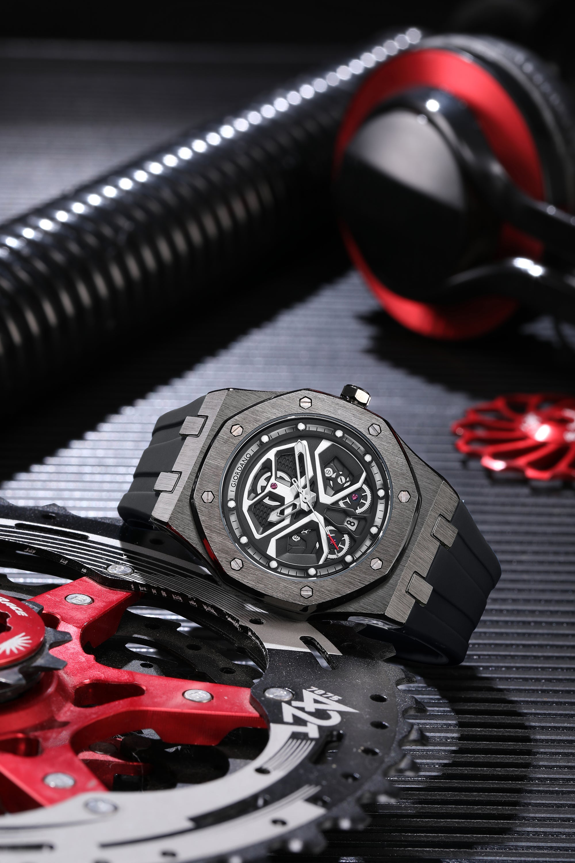 Giordano Skeleton style Dial Analog Watch for Men– Luxury Sport Watch with Silicone Strap & Brushed Metal Case – Bold & Modern Design | GZ-50146-01