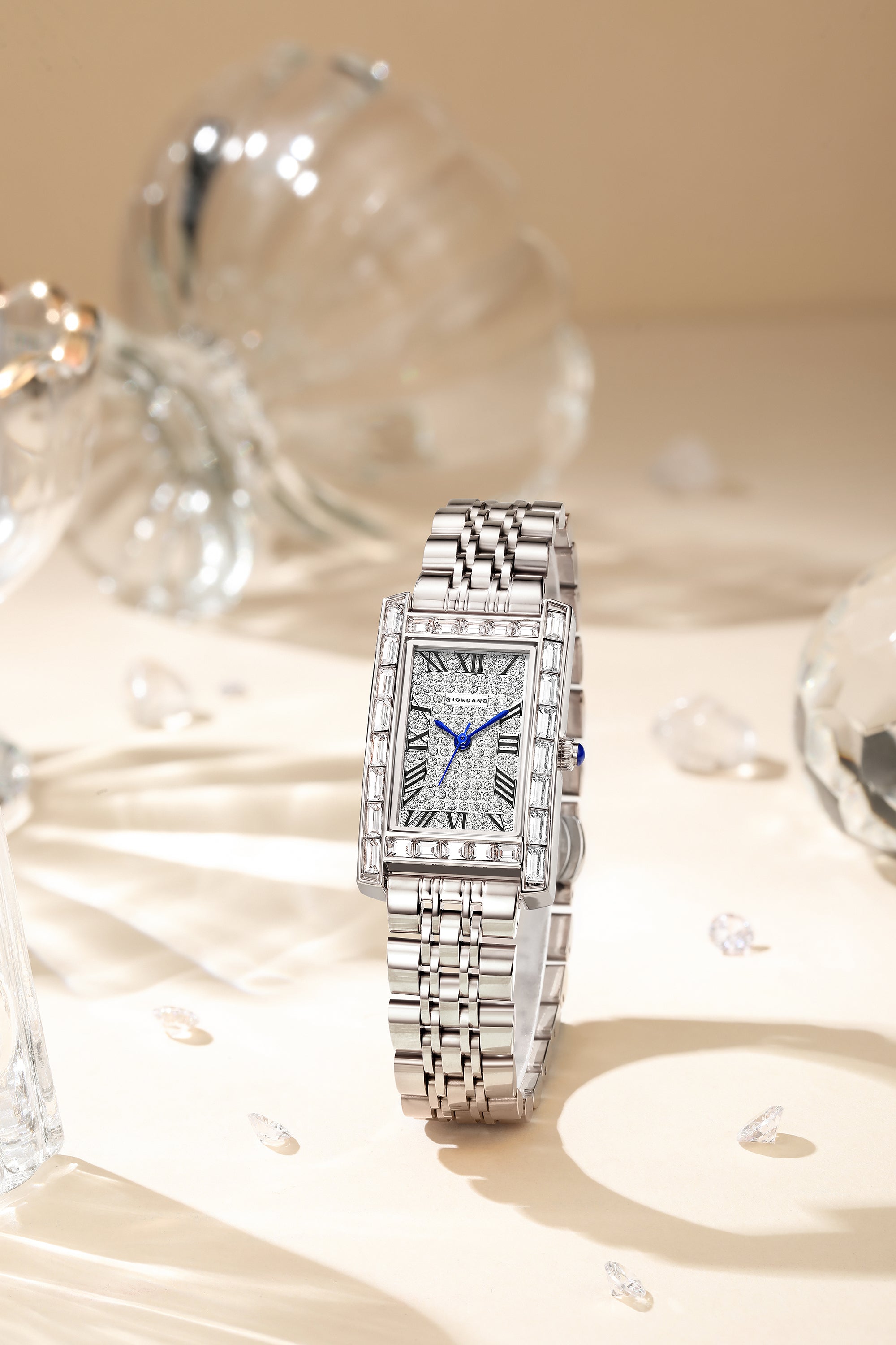 Giordano Rectangular Dress Watch for women with Crystal Bezel, roman indiced and Sparkling Dial | GZ-60119-11