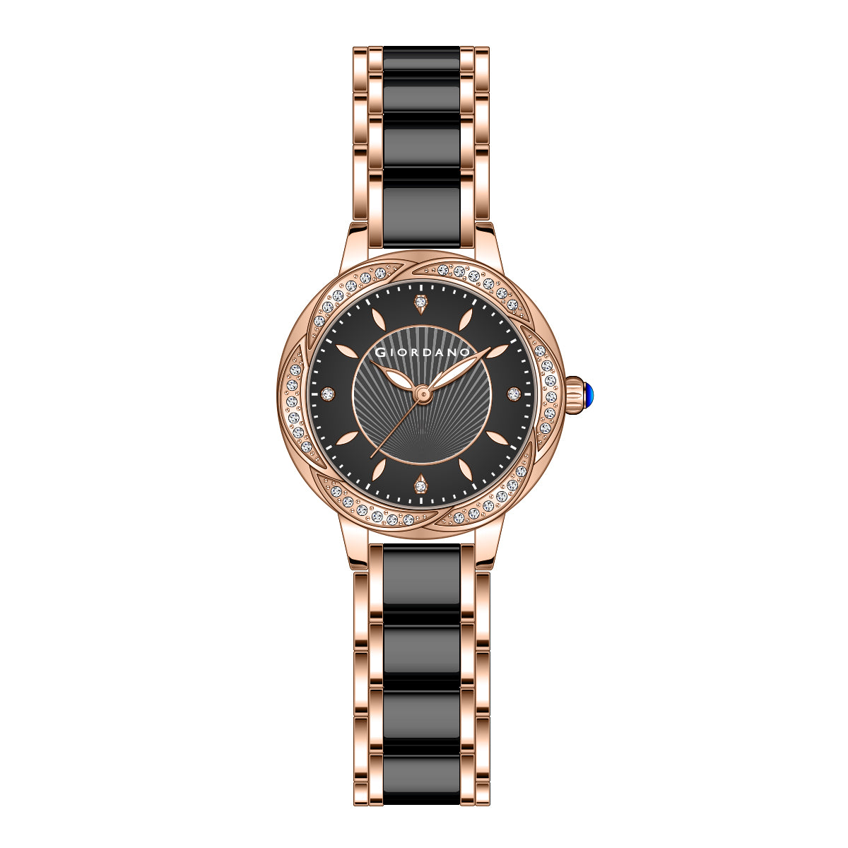Giordano Flower Case Watch for Women with Crystal-Studded Bezel, Diamond Hour Markers & Dual Tone Stainless Strap | GZ-60095-11