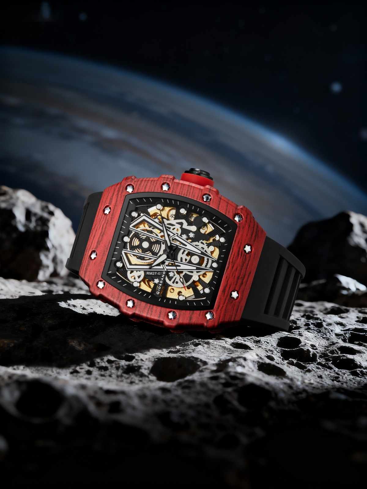 GIORDANO Automatic Square Watch for Men with Skeleton Design, Rugged Textured Case, Luminous Hands, and Silicone Strap - GZ-50181-22