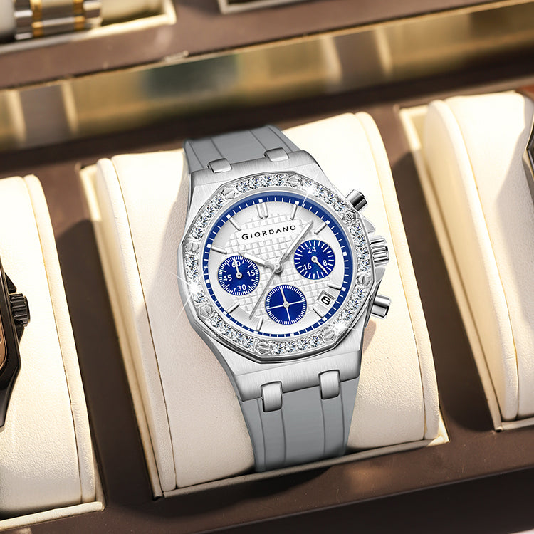 Giordano Chronograph Watch for Women | Stainless Steel Case, Crystal bezel | Modern & Stylish Timepiece with Comfortable Silicone Strap | GZ-50154-11