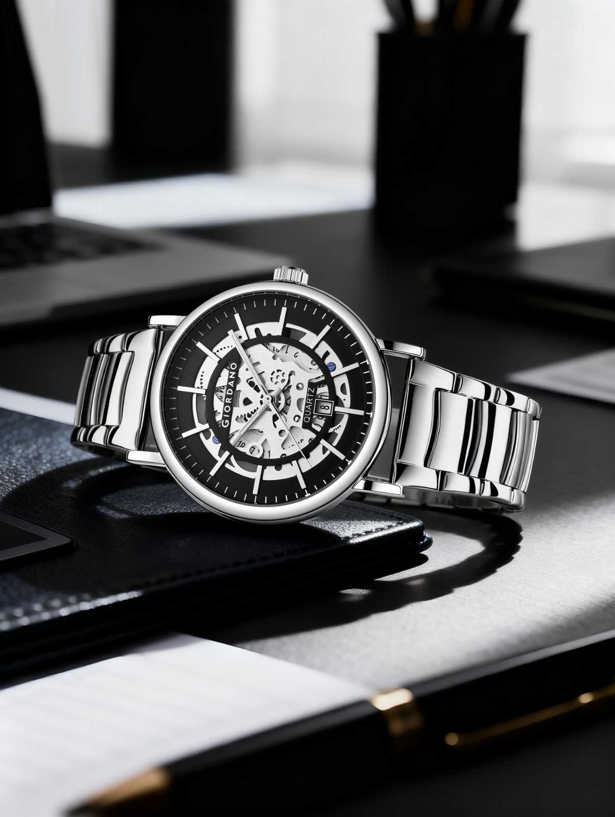 GIORDANO Classic Skeleton Design Watch for Men with Super Luminous Hands, Stainless Steel Strap, and Date Display - GZ-50182-22