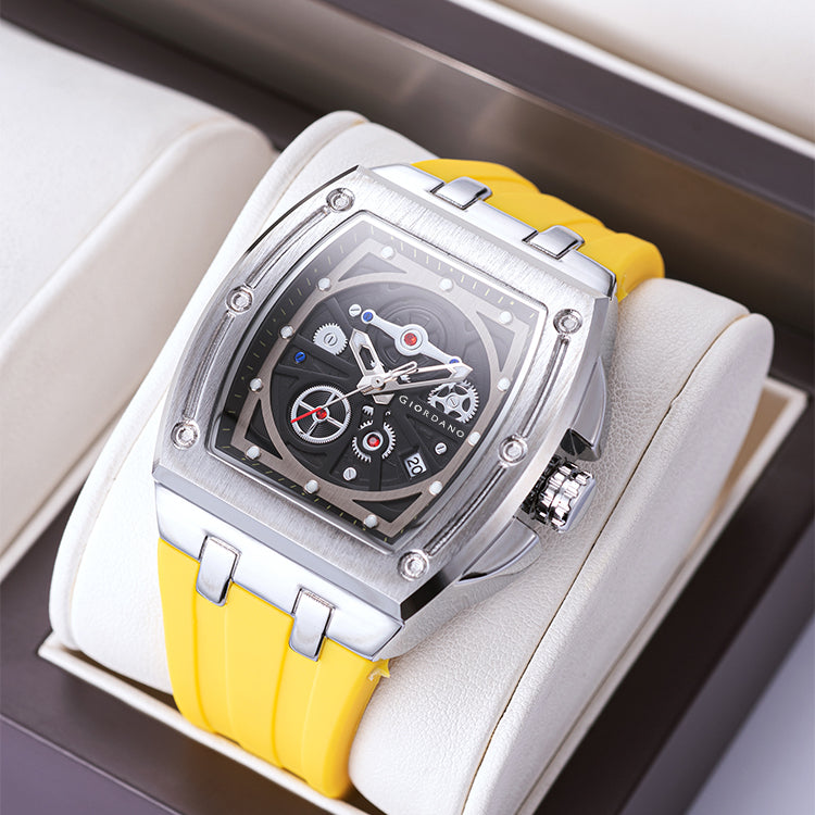 Giordano Sqaure Analog Casual Sporty Watch for Men – Mechanical-Inspired Dial, Date Display, Quartz Movement and Comfortable Silicone Strap | GZ-50151-04