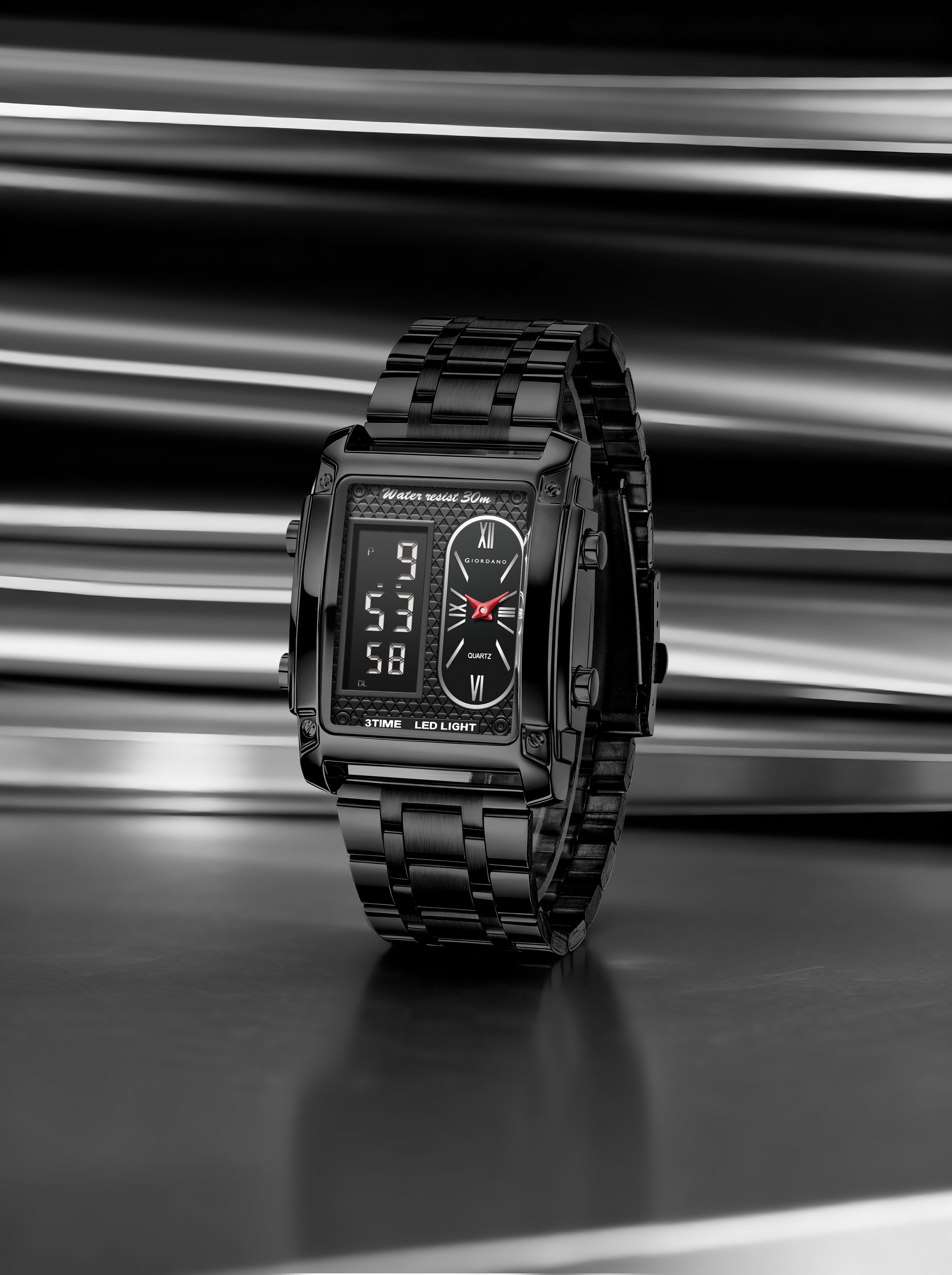 Giordano Analog-Digital Display Watch for Men Quartz Movement, LED Light, Dual Time, Date Function, Stainless Steel Strap - GZ-50184-11