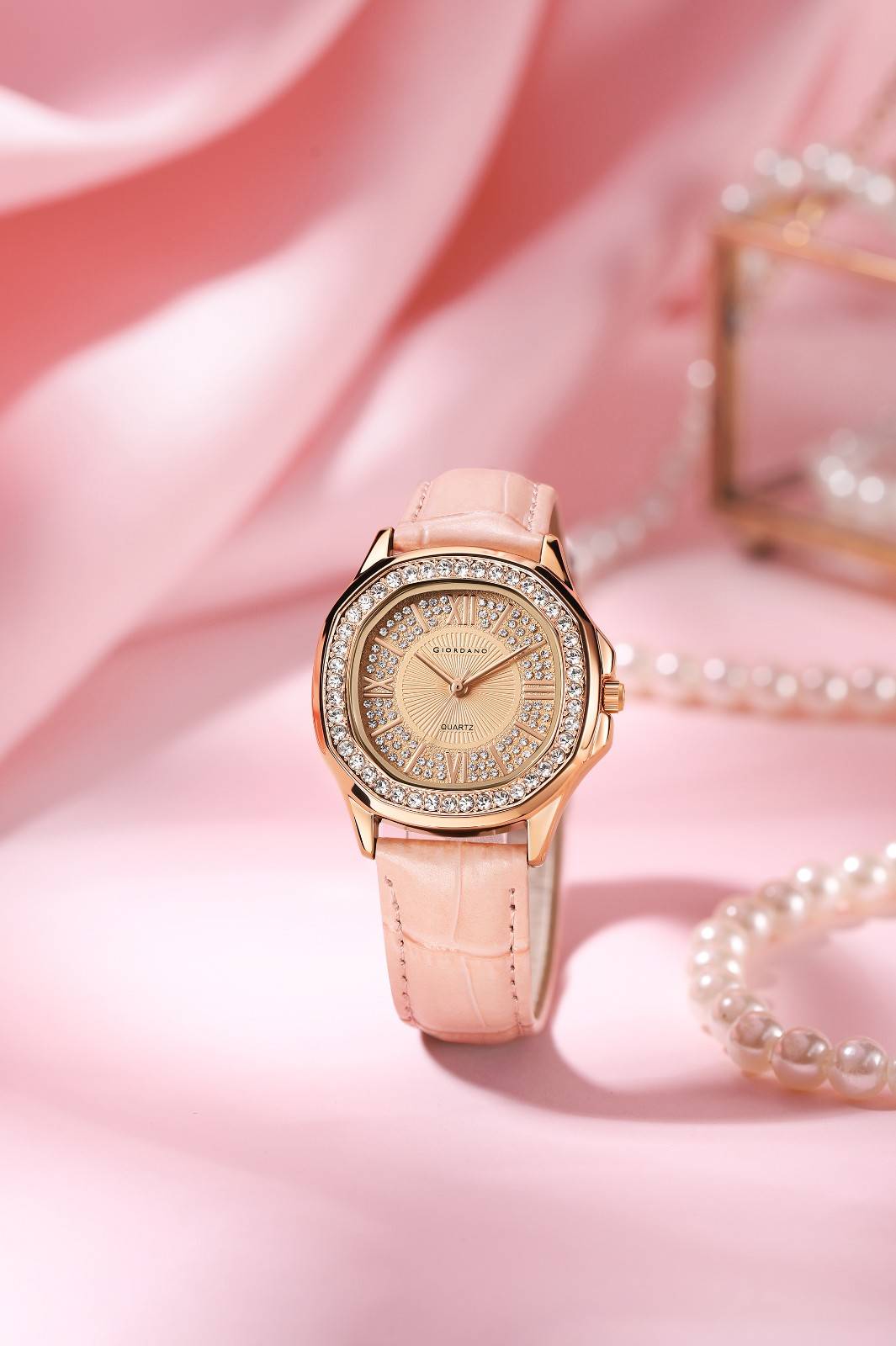 Giordano Luxury Analog Watch for Women with Crystal-Studded Bezel & Leather Strap – Octagonal Case, Elegant Quartz Wristwatch GZ-60141-33