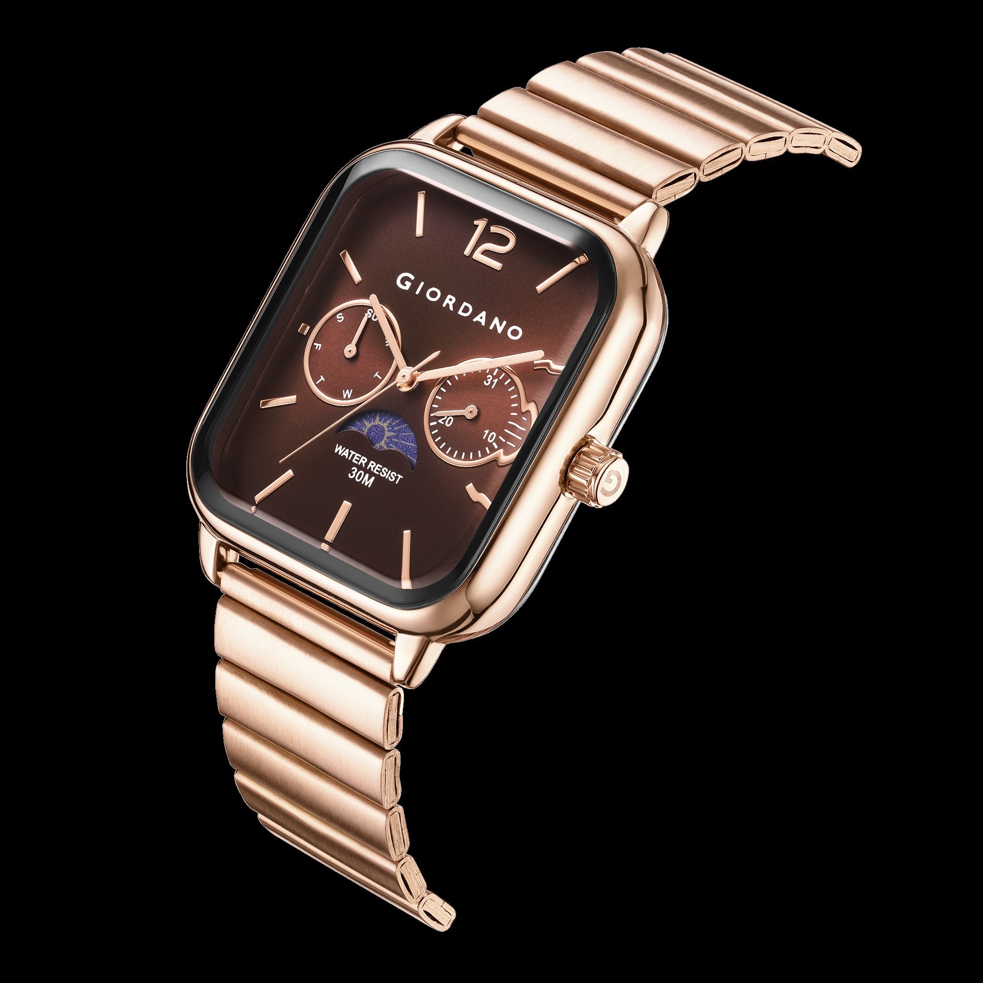 Giordano Silver  Classic Square Analog Watch for Men with Moon Phase Display and Stainless Steel Strap GZ-50117-55