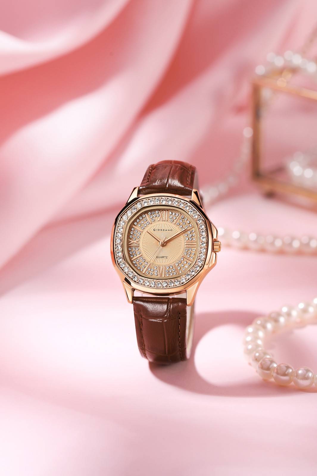 Giordano Luxury Analog Watch for Women with Crystal-Studded Bezel & Leather Strap – Octagonal Case, Elegant Quartz Wristwatch GZ-60141-22