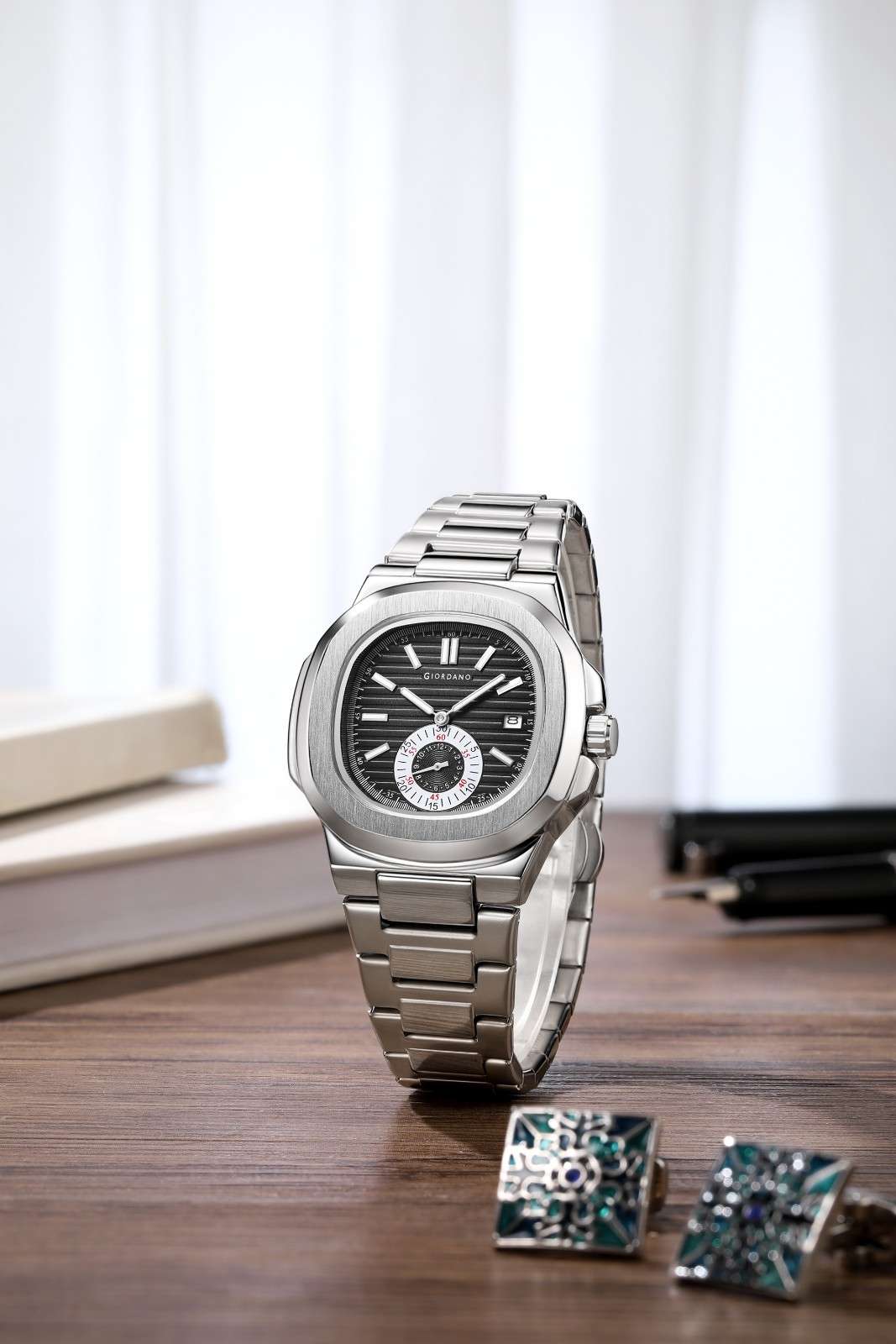 Giordano Analog Multifunction Watch for Men – Textured Dial with Cushion Case, Small Seconds Sub-Dial, Stainless Steel Strap & Date Display GZ-50160-11