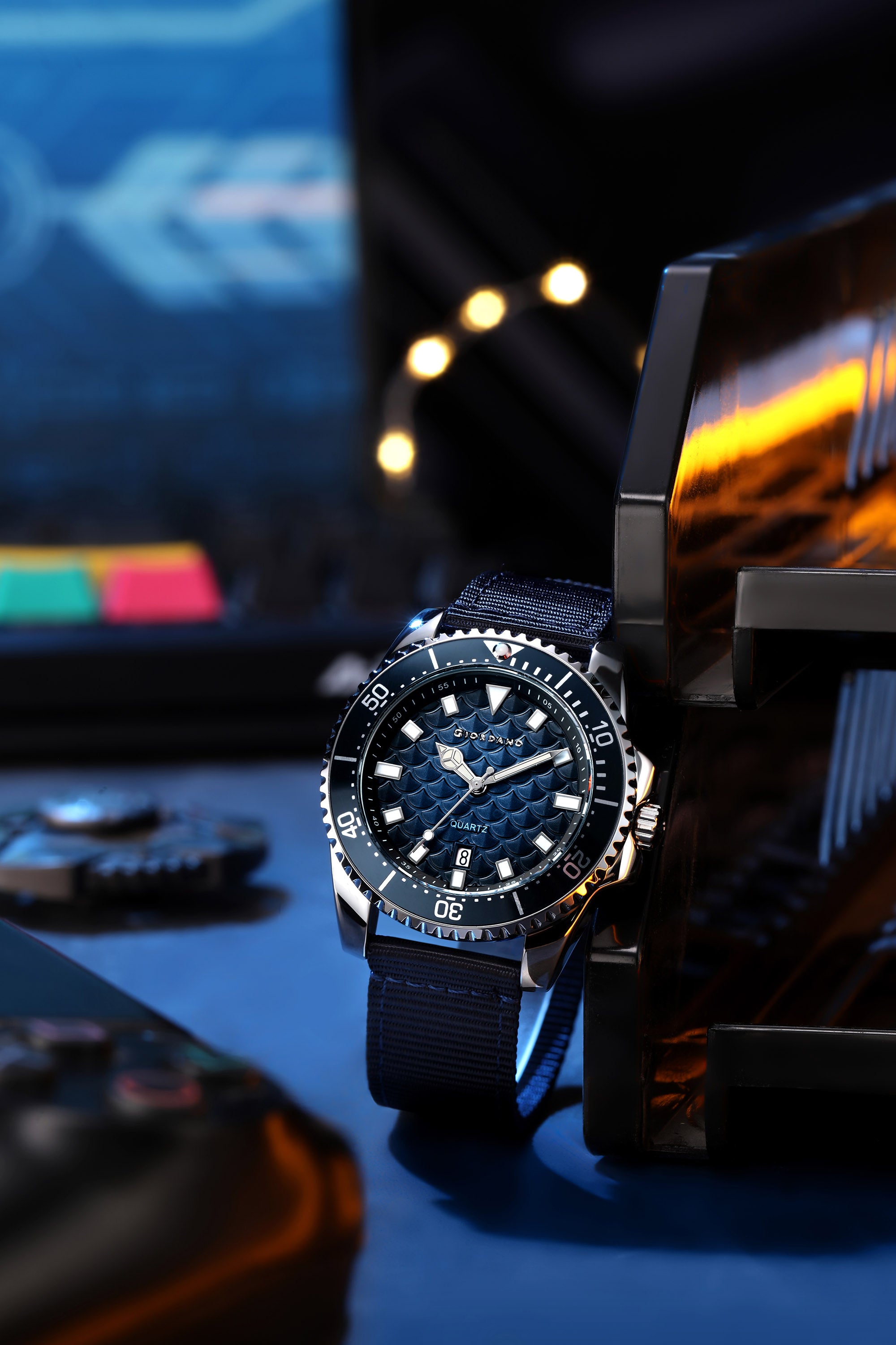 Giordano Analog Quartz Watch for Men with Black Textured Fish Scale Dial, Luminous Hands & Markers, Date Window, Nylon NATO Strap, Rotating Bezel GZ-50195-22