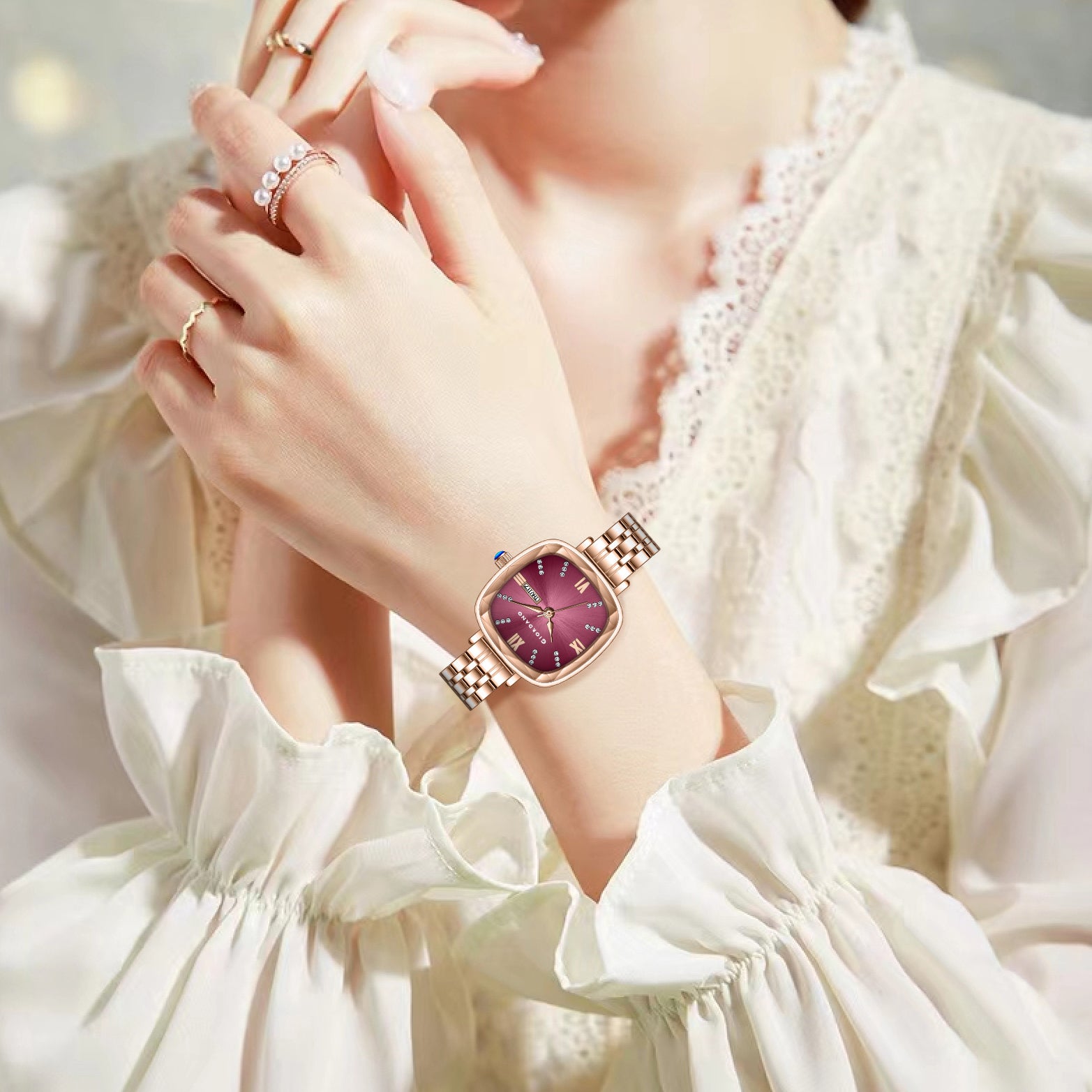 Giordano Elegant Square Rose Gold Watch for Women – Crystal & Roman Hour Markers, Day-Date Display, Stainless Steel Strap | GZ-60097-11