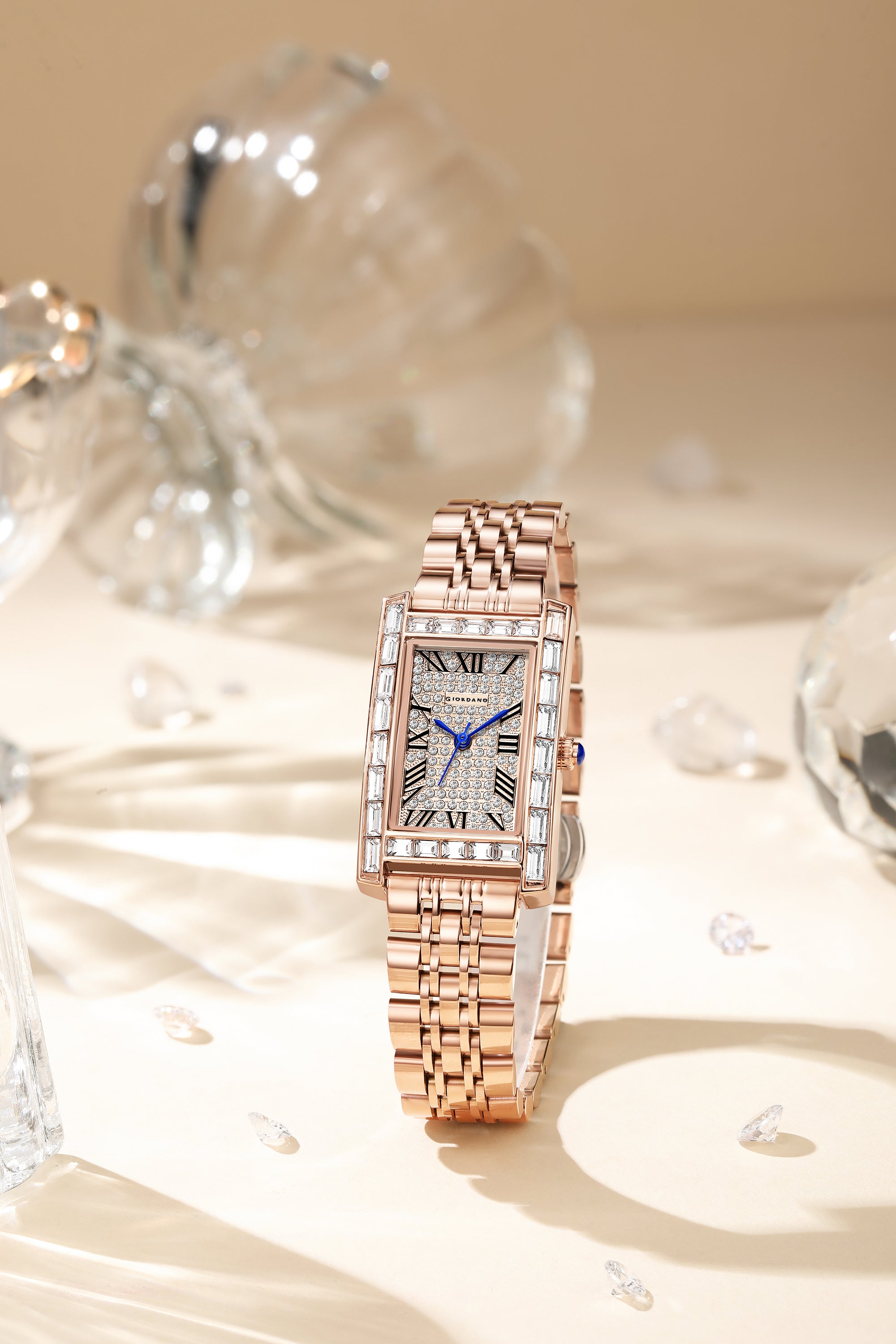 Giordano Rectangular Dress Watch for women with Crystal Bezel, roman indiced and Sparkling Dial | GZ-60119-33