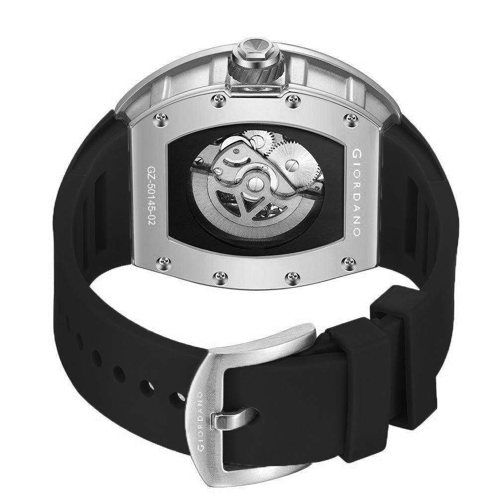 Giordano Automatic Wrist Watch for Men - Open Skeleton Dial | Brushed Steel Case Mechanical Movement with Silicone Strap | GZ-50145-02