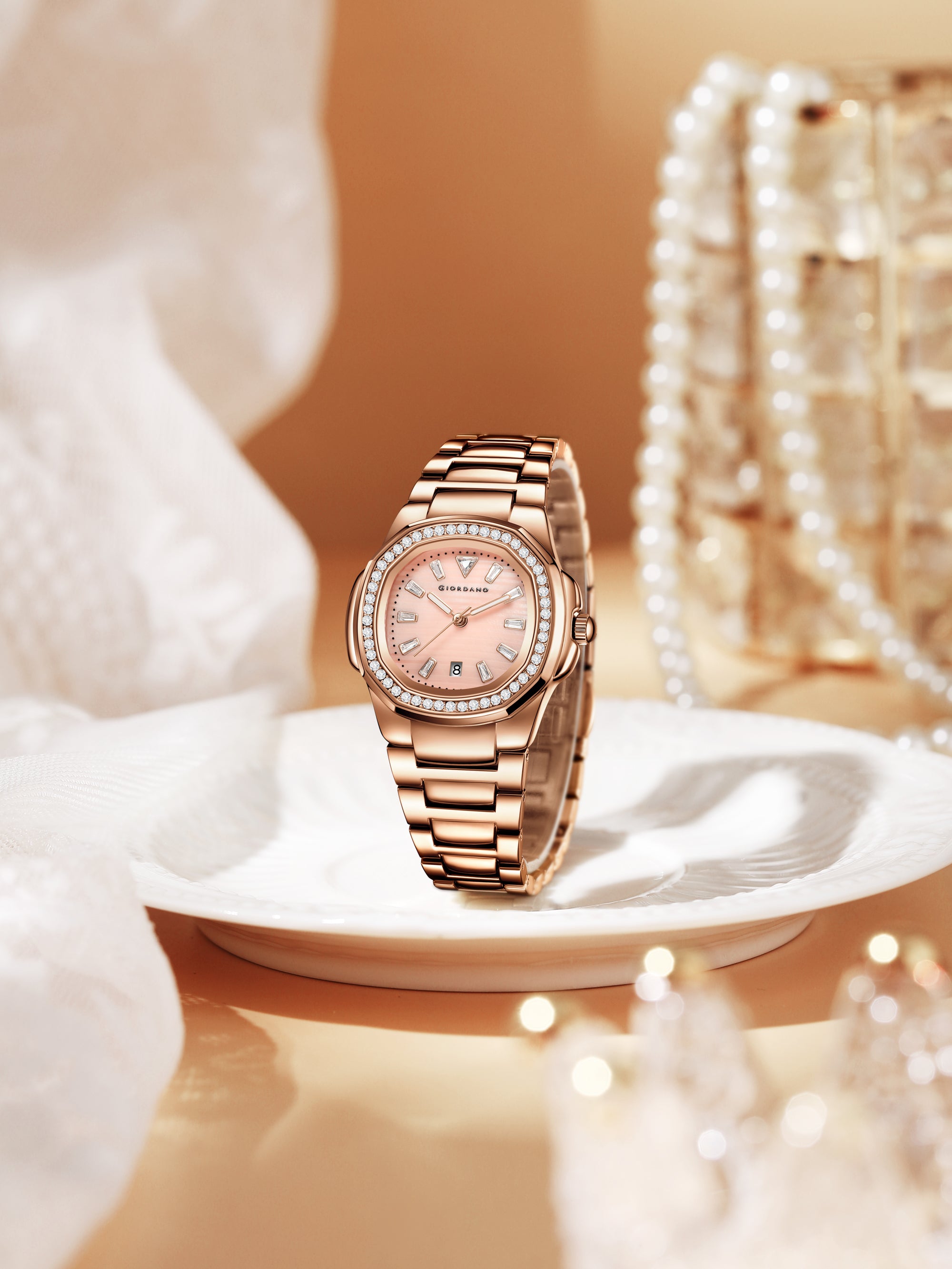 Giordano Luxury Watch for Women with Crystal Indices,Textured Dial, Stainless Steel Strap and Date Display | GZ-60116-55
