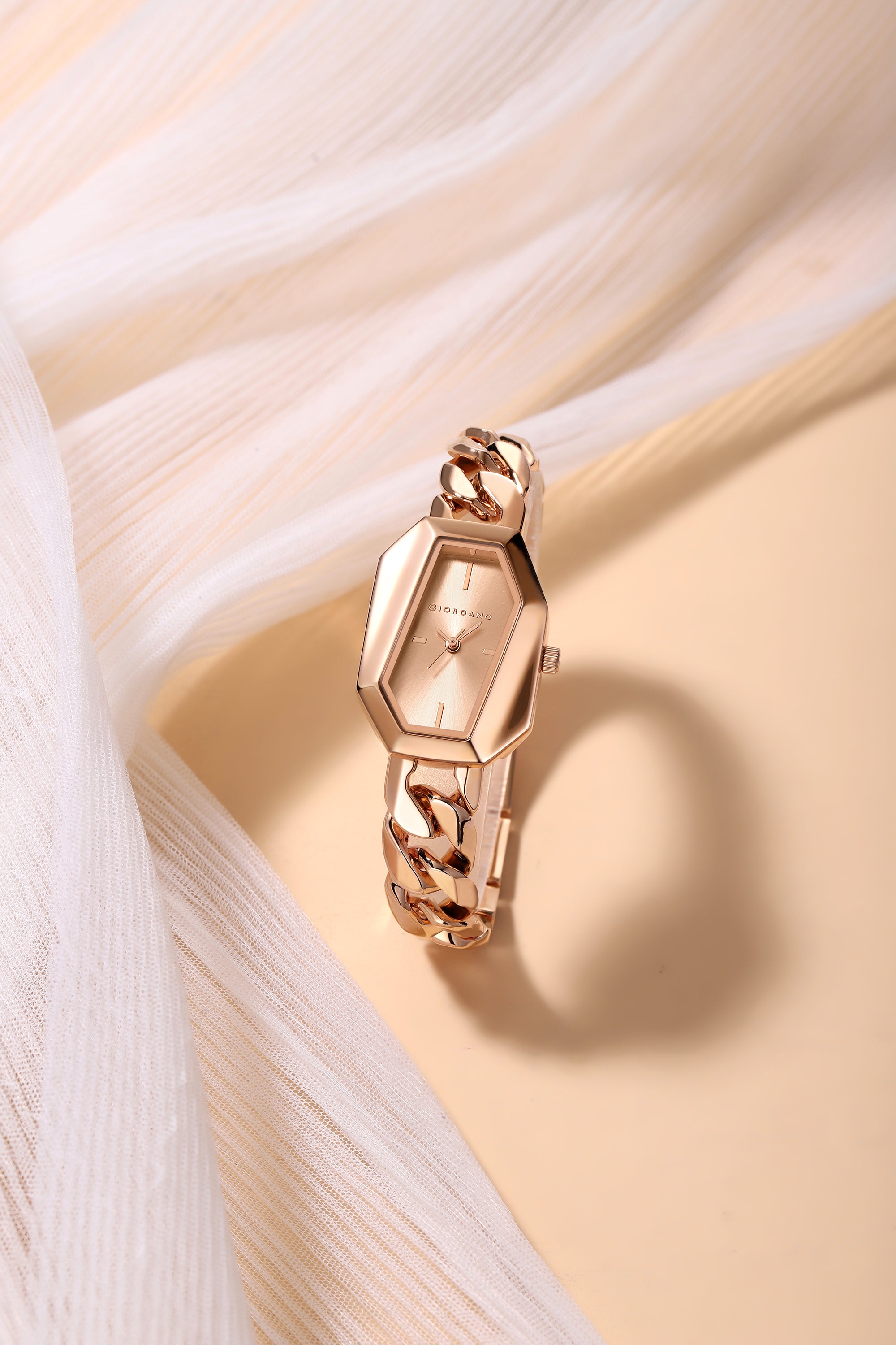 Giordano Stylish Analog Watch for Women – Hexagon Dial, Trendy Chain Link Stainless Steel Strap, Elegant Dress Timepiece | GZ-60122-22