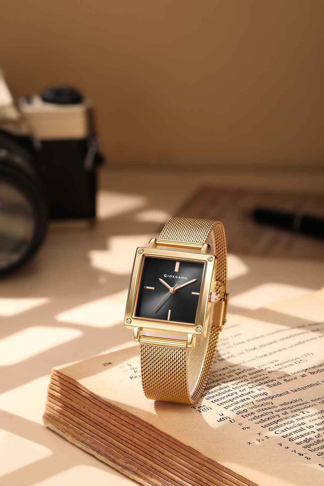 GIORDANO Classic Analog Watch for Women | Sunray Square Dial, Minimal Index Markers & Stainless Steel Mesh Strap - GZ-60124-11