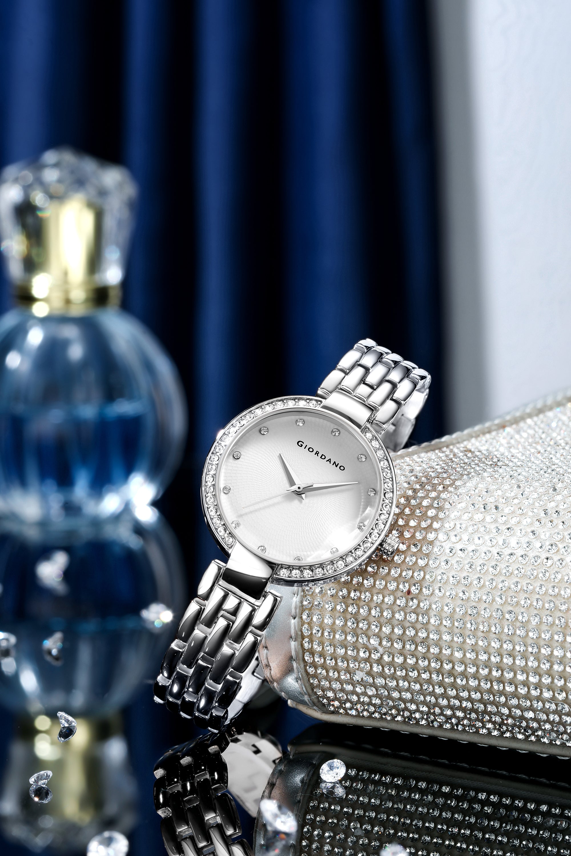 Giordano Analog Watch for Women with Diamond Indices, Stainless Steel Strap and Crystal Embellished Bezel | GD-2141-11