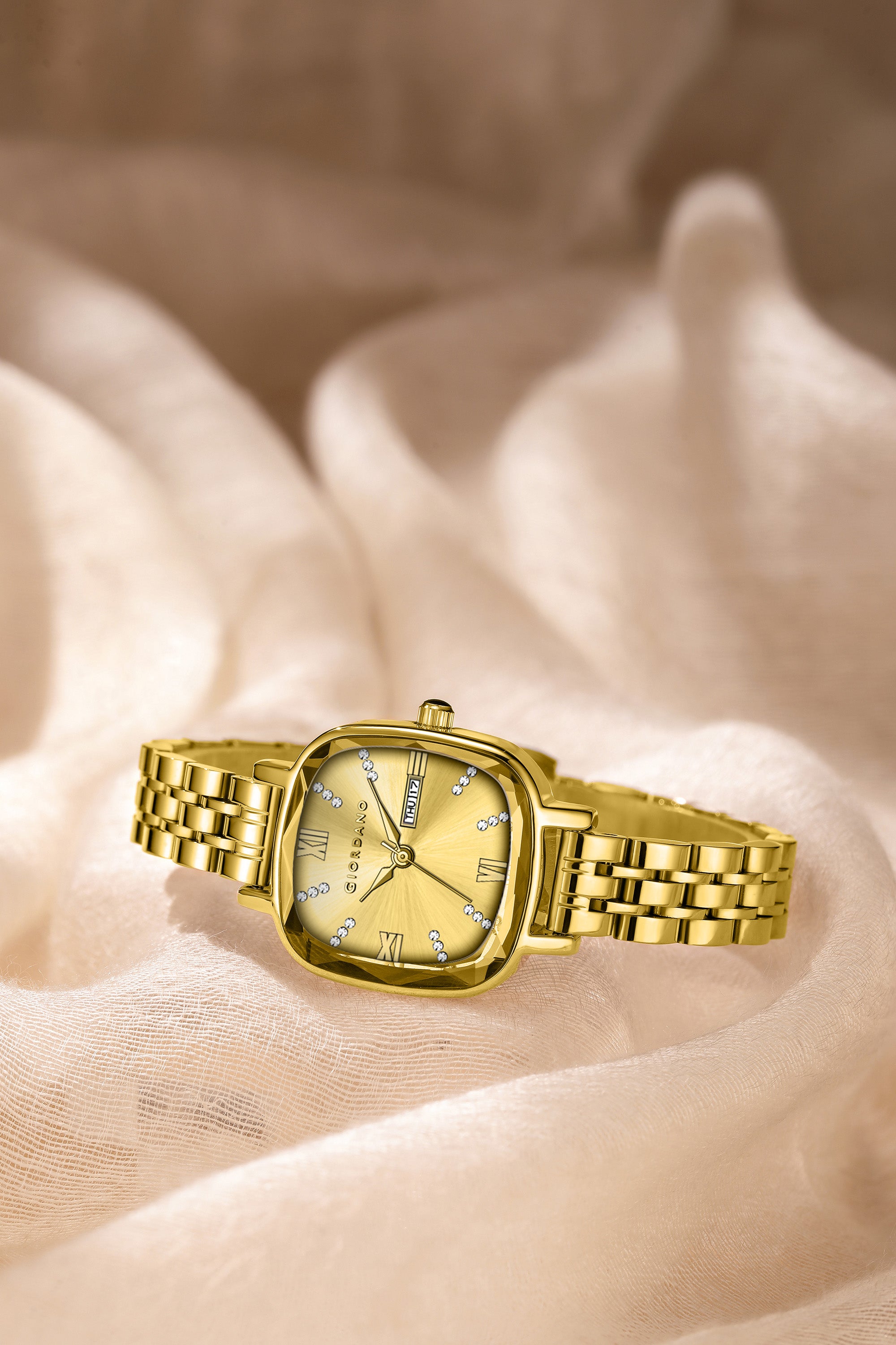 Giordano Elegant Square Watch for Women – Crystal & Roman Hour Markers, Day-Date Display, Stainless Steel Strap | GZ-60097-77