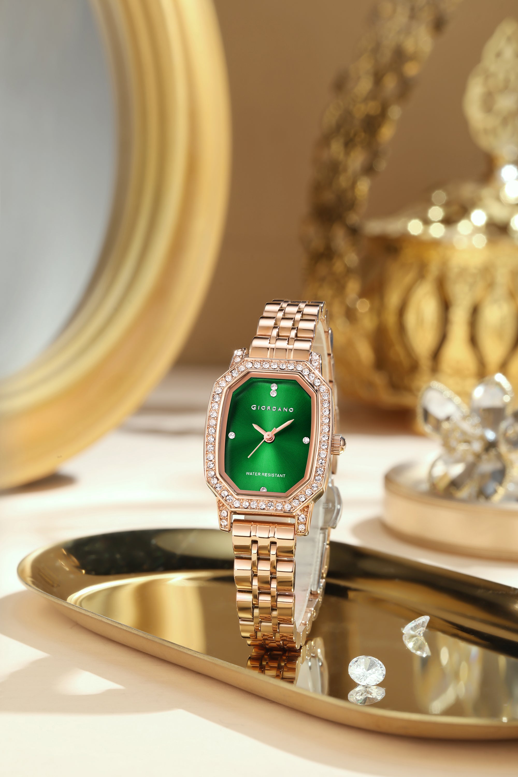 Giordano Elegant Analog Watch for Women – Classic octagonal Dial, diamond bezel and rose gold stainless steel strap | GZ-60114-33