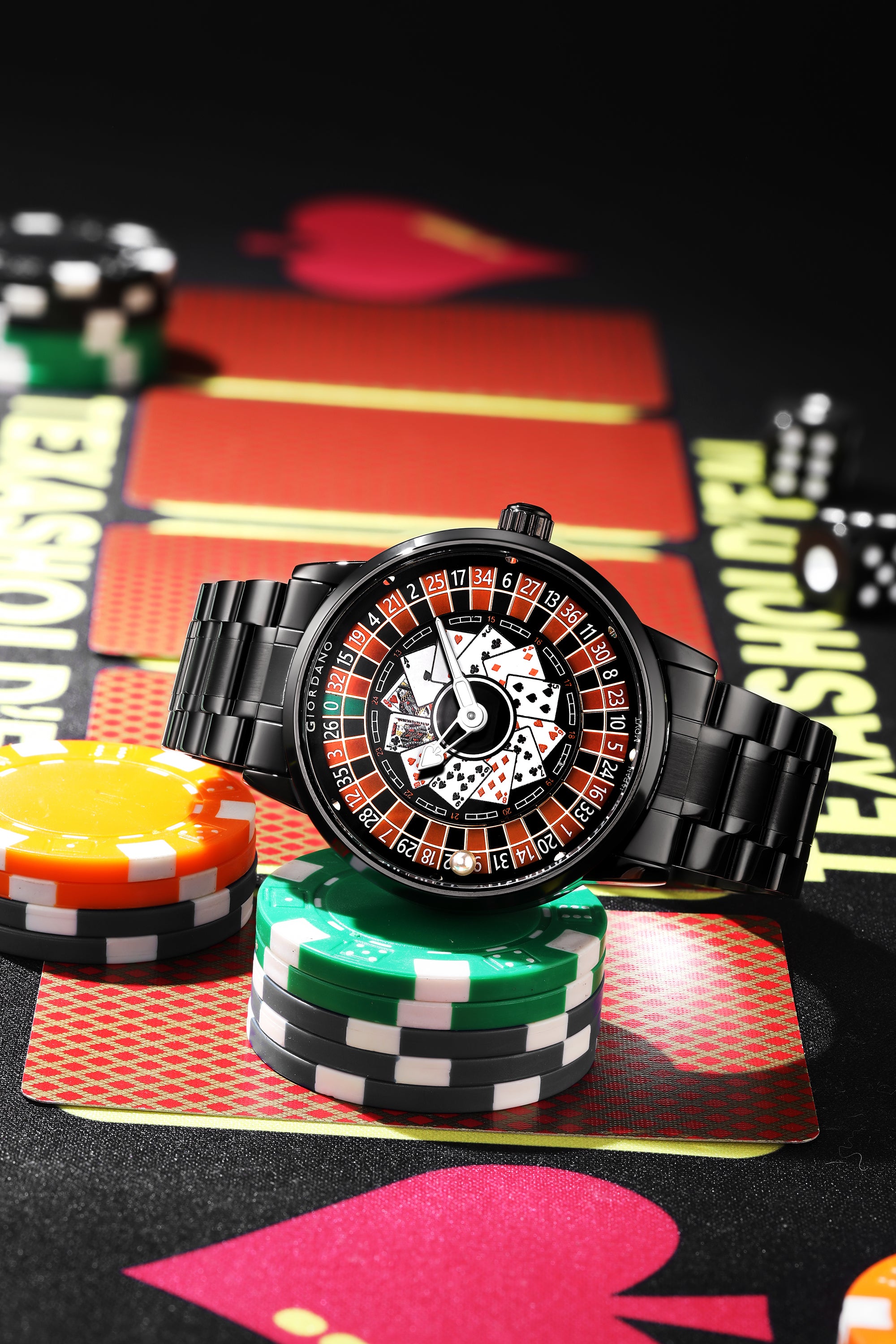 Giordano Casino Royale Analog Watch for Men– Unique Poker & Roulette Dial Design with Stainless Steel Strap – Stylish Luxury Watch GZ-50136-11