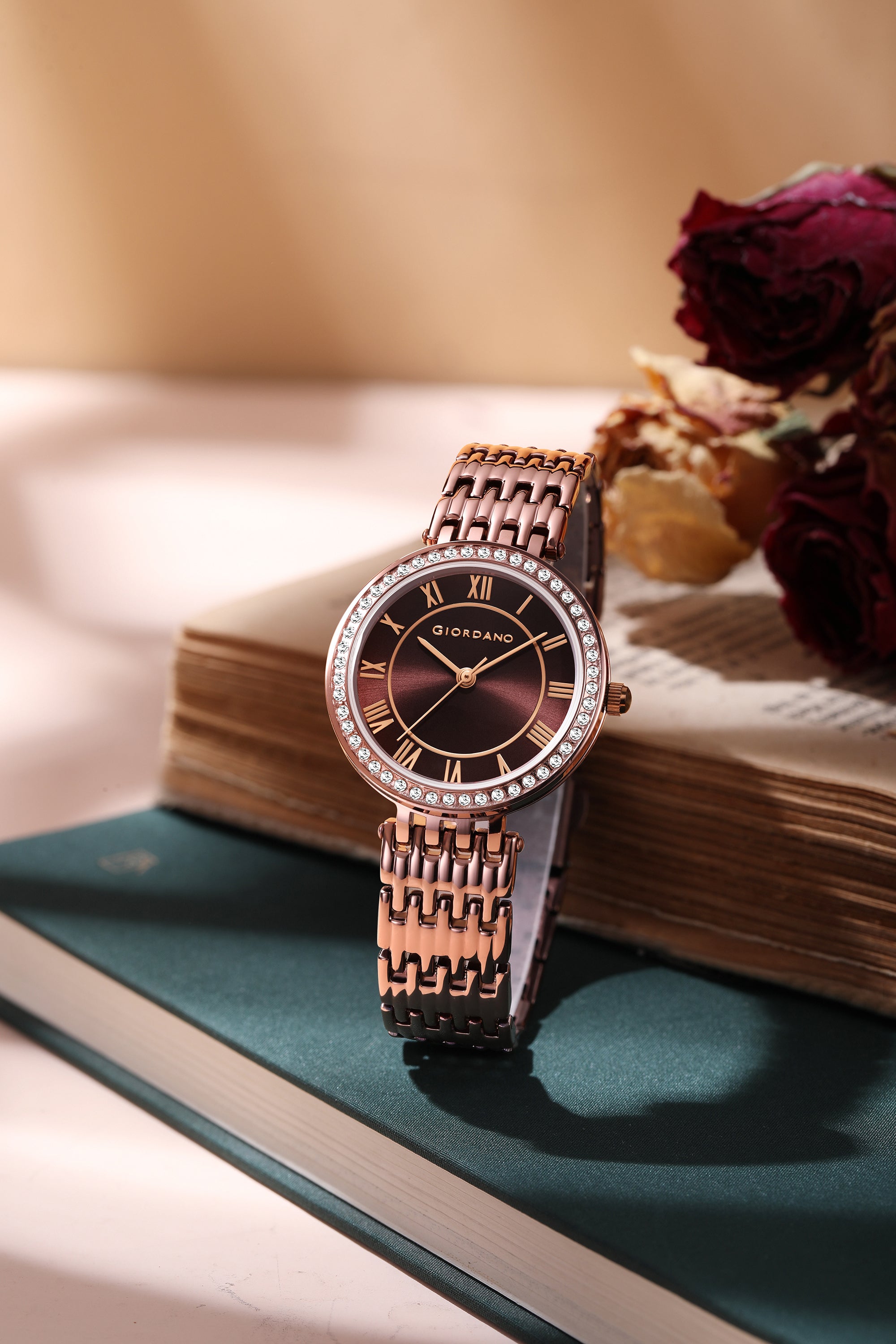 Giordano Eleganza Collection Watch for Women with Stainless Steel Strap and Crystal Embellished Bezel, Roman Numerals-A2083-55