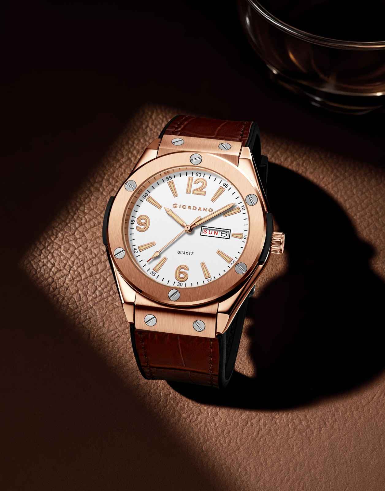 GIORDANO Luxury Watch for Men with Leather Strap, Day-Date Display, Brushed Metal Finish, and Silver Screw Details - GZ-50176-03