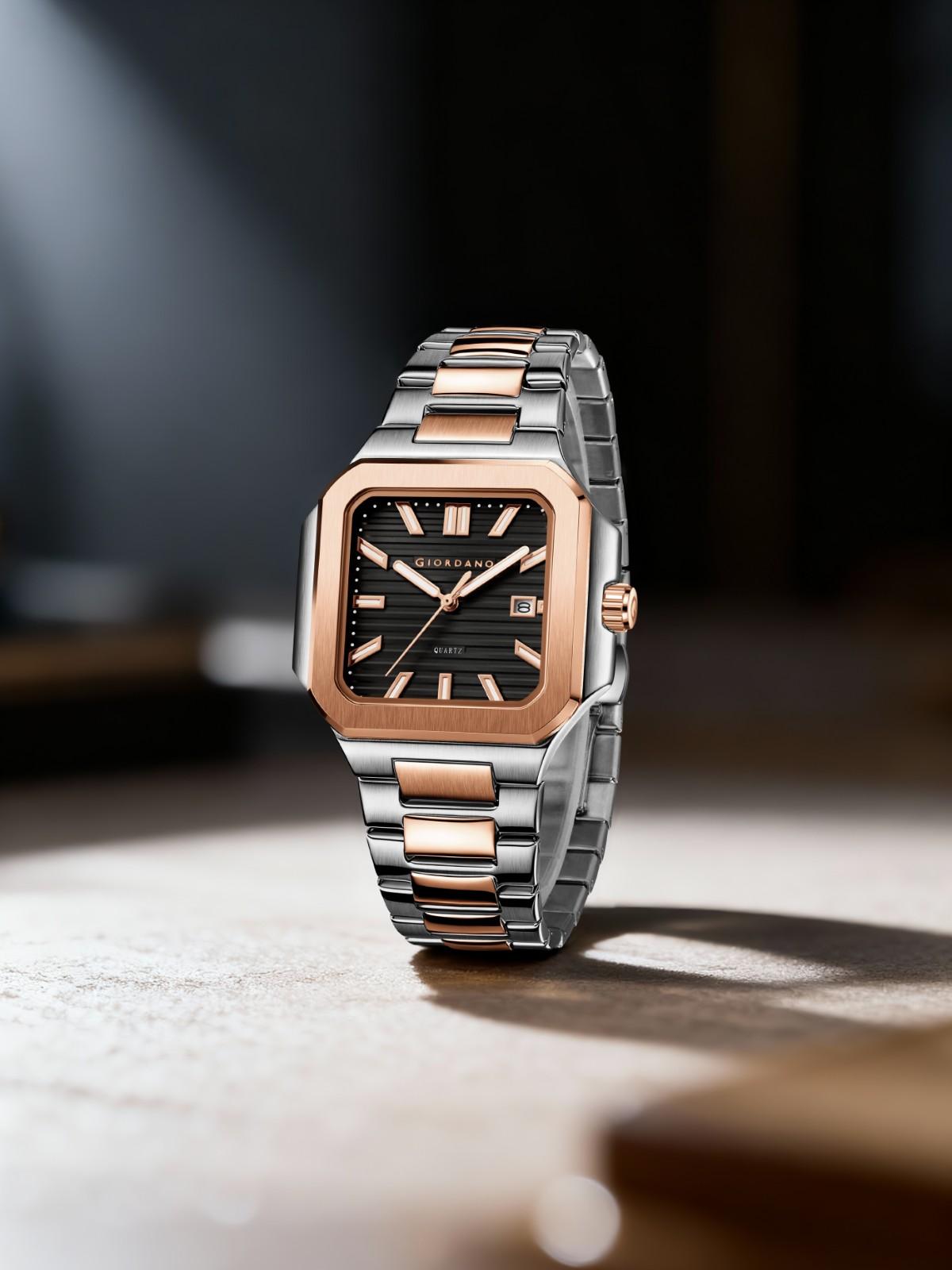 GIORDANO Analog Square Watch for Men – Textured Dial, Two-Tone Stainless Steel Strap, Quartz Movement and Date Display - GZ-50174-11