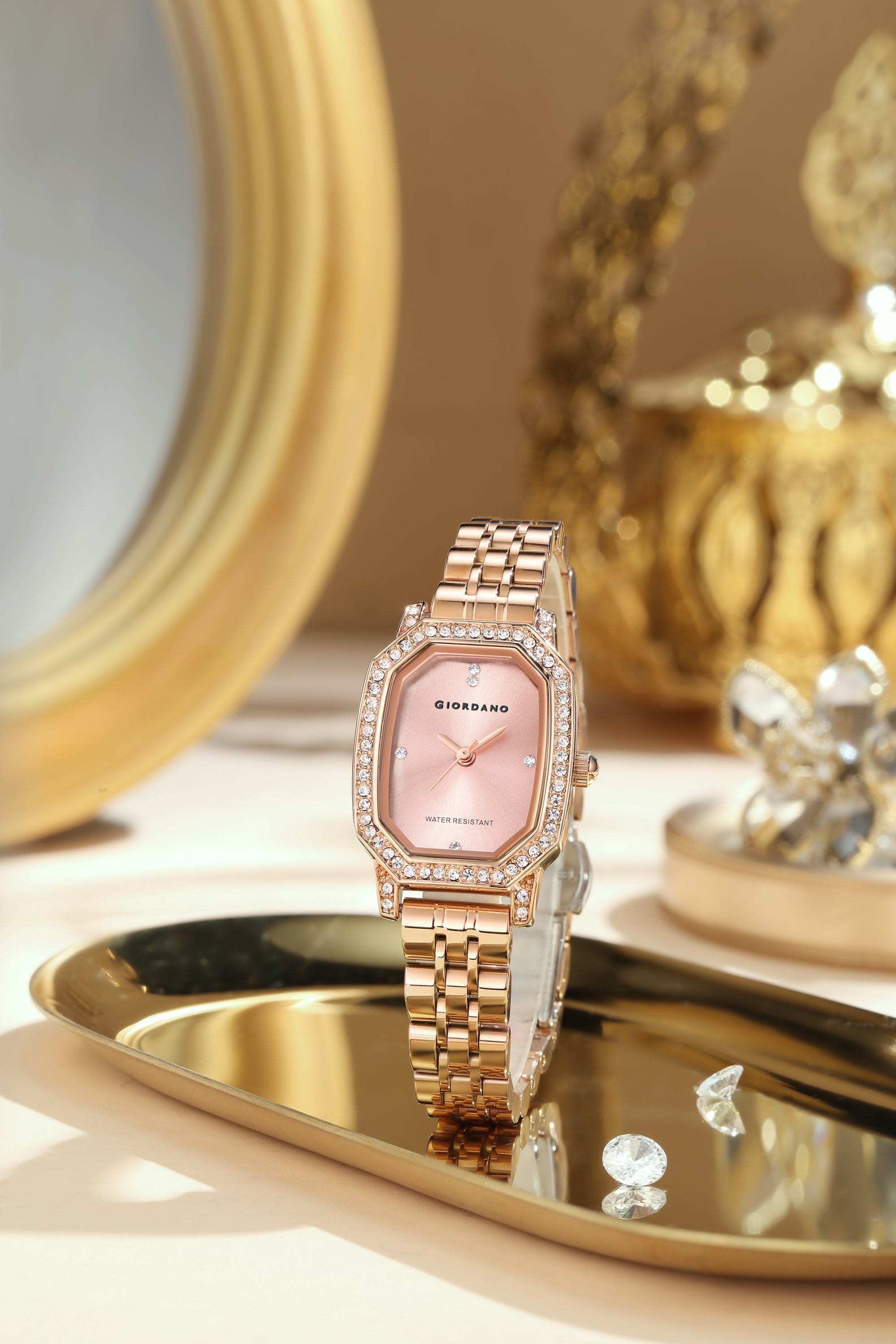 Giordano Elegant Analog Watch for Women – Classic octagonal Dial, diamond bezel and rose gold stainless steel strap | GZ-60114-22