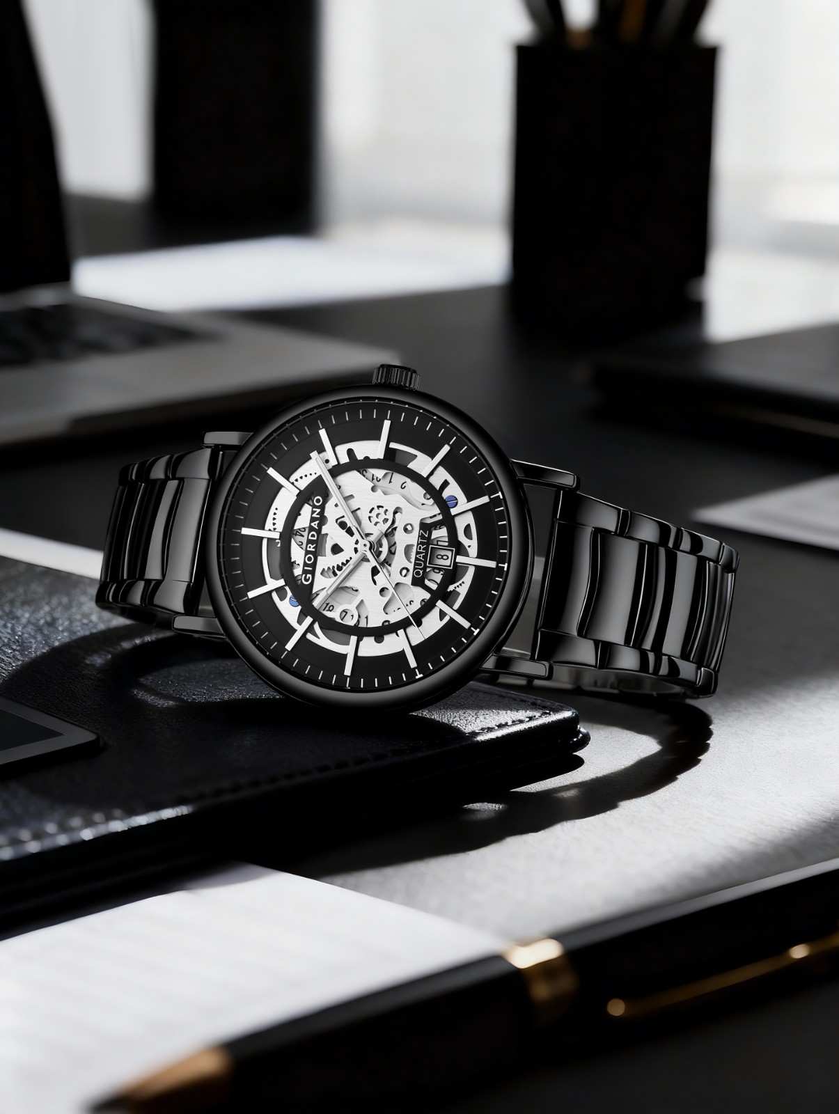 GIORDANO Classic Skeleton Design Watch for Men with Super Luminous Hands, Stainless Steel Strap, and Date Display - GZ-50182-11