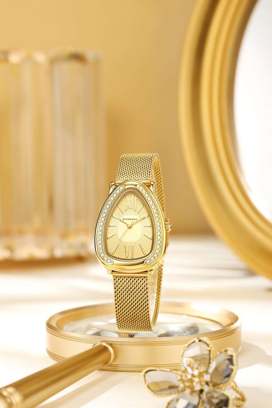 GIORDANO Elegant Analog Watch for Women | Textured Teardrop Dial, Crystal-Studded Oval Case Bezel & Stainless Steel Mesh Strap - GZ-60123-33