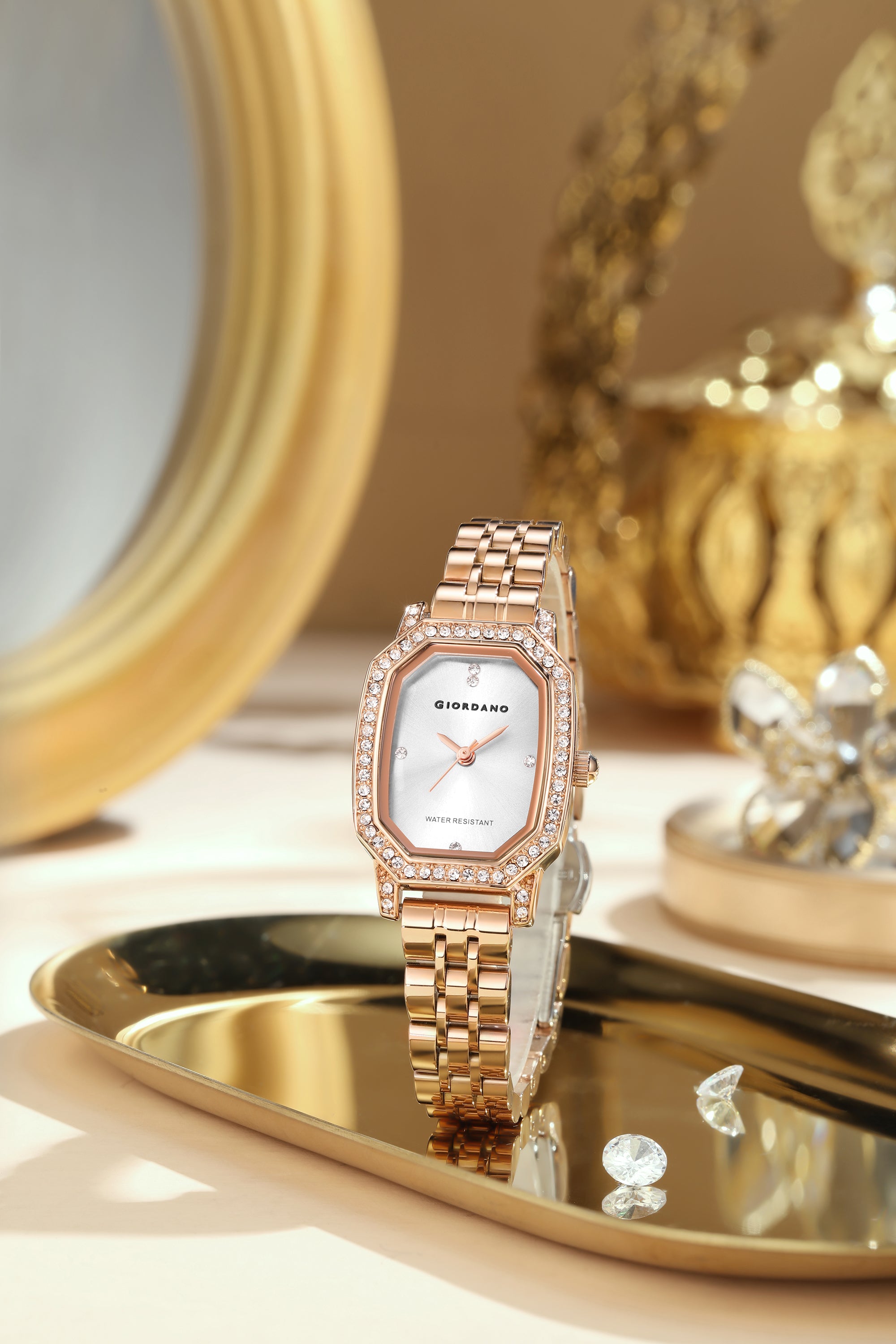 Giordano Elegant Analog Watch for Women – Classic octagonal Dial, diamond bezel and rose gold stainless steel strap | GZ-60114-44