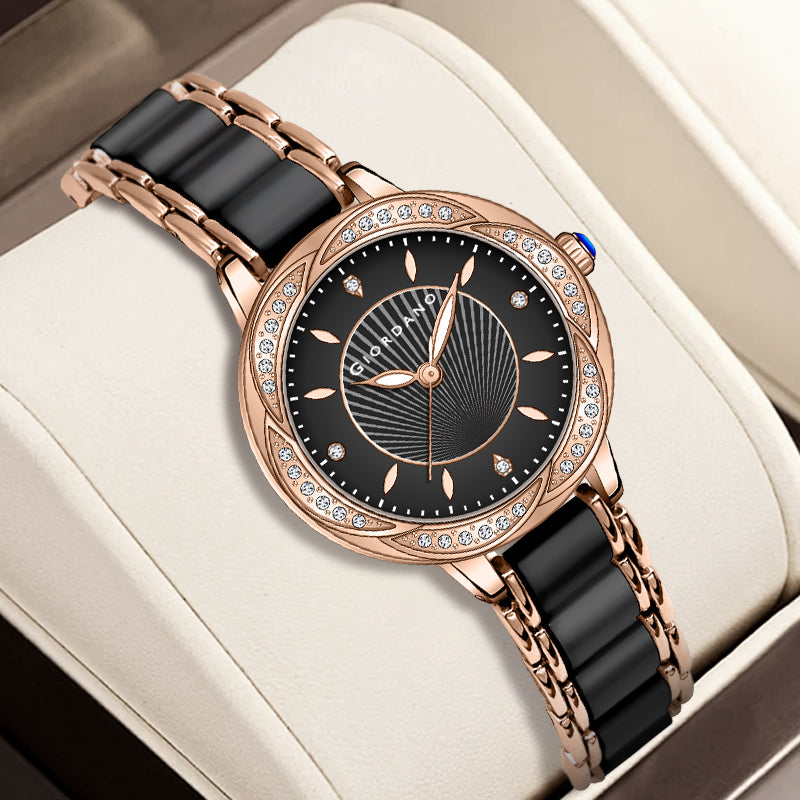 Giordano Flower Case Watch for Women with Crystal-Studded Bezel, Diamond Hour Markers & Dual Tone Stainless Strap | GZ-60095-11