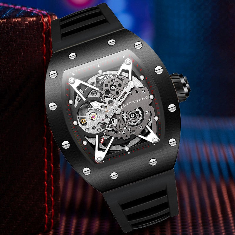 Giordano Automatic Wrist Watch for Men - Open Skeleton Dial | Brushed Steel Case Mechanical Movement with Silicone Strap | GZ-50145-01