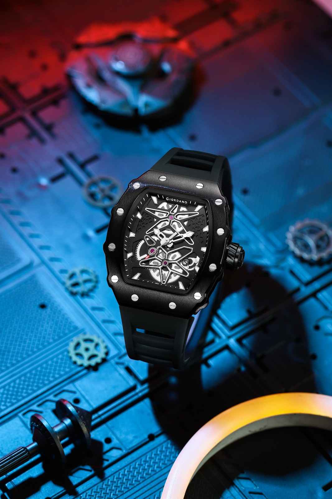 Giordano Analog Skeleton Dial Watch for Men – Tonneau Case, Silicone Strap, Open-Gear Sport Design, Quartz Movement - GZ-50188-11