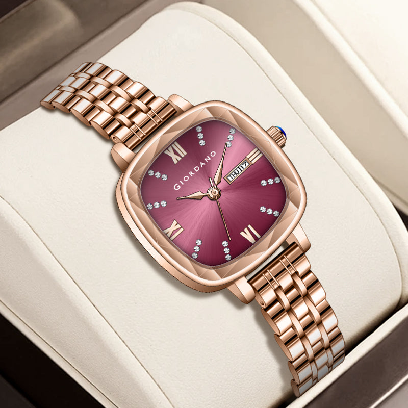 Giordano Elegant Square Rose Gold Watch for Women – Crystal & Roman Hour Markers, Day-Date Display, Stainless Steel Strap | GZ-60097-11