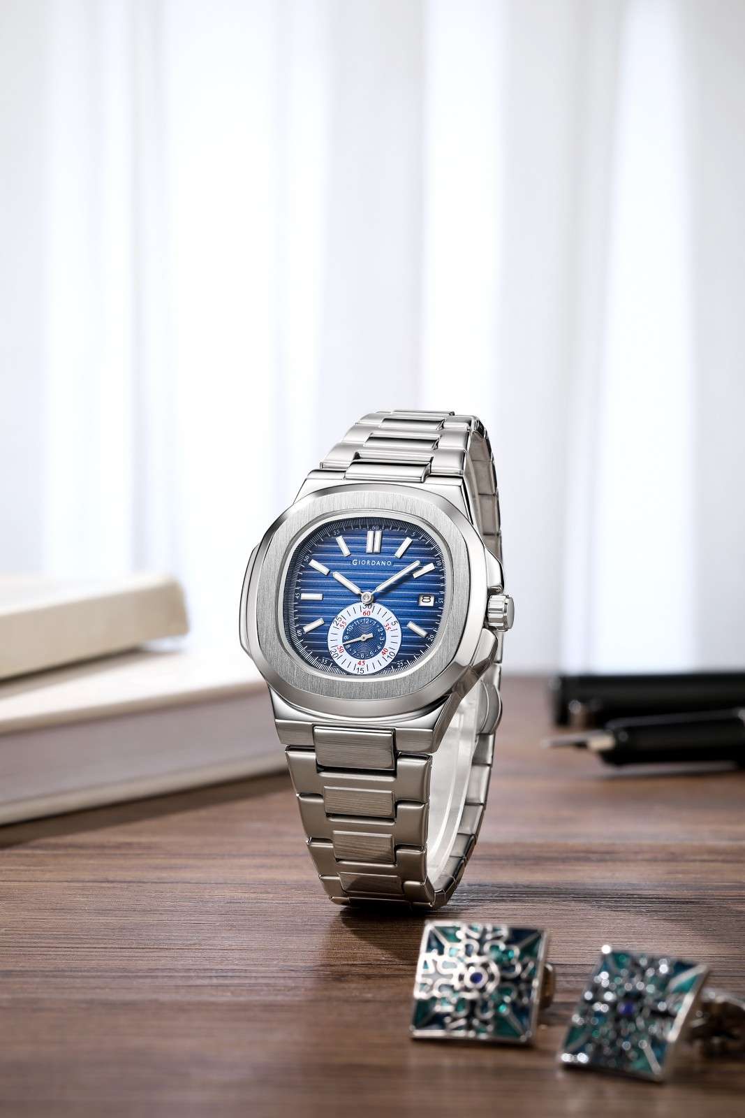 Giordano Analog Multifunction Watch for Men – Textured Dial with Cushion Case, Small Seconds Sub-Dial, Stainless Steel Strap & Date Display GZ-50160-33