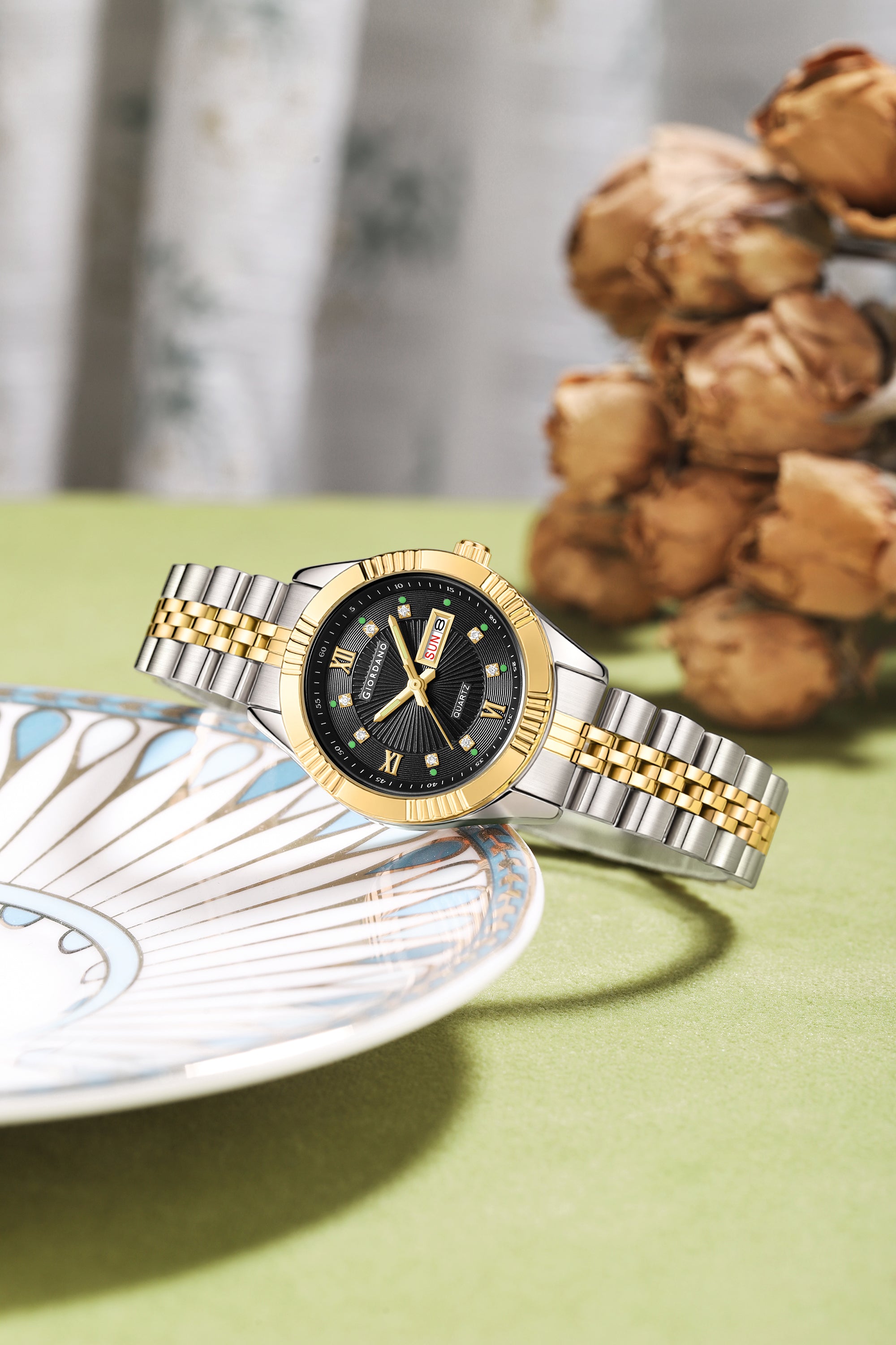 Giordano Analog Quartz Watch for Women with Day & Date Display, Textured Dial, Diamond Hour Markers, Roman Numerals Stainless Steel Strap - GZ-60172-11