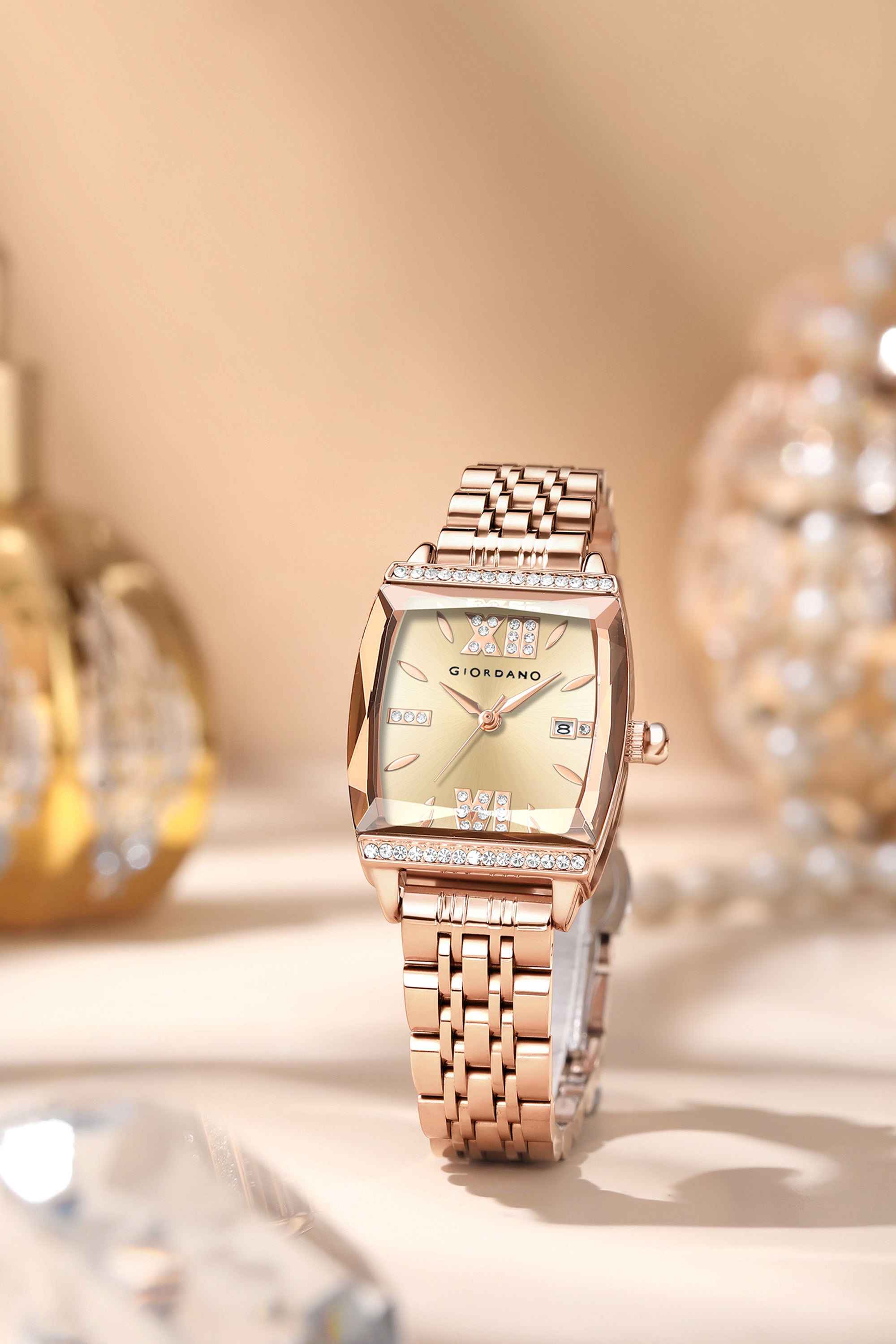 Giordano Analog Watch for Women – Elegant Square Cut-Glass Dial, Crystal Roman Numerals, Stainless Steel Strap – Stylish Luxury Timepiece & Gift | GZ-60117-44