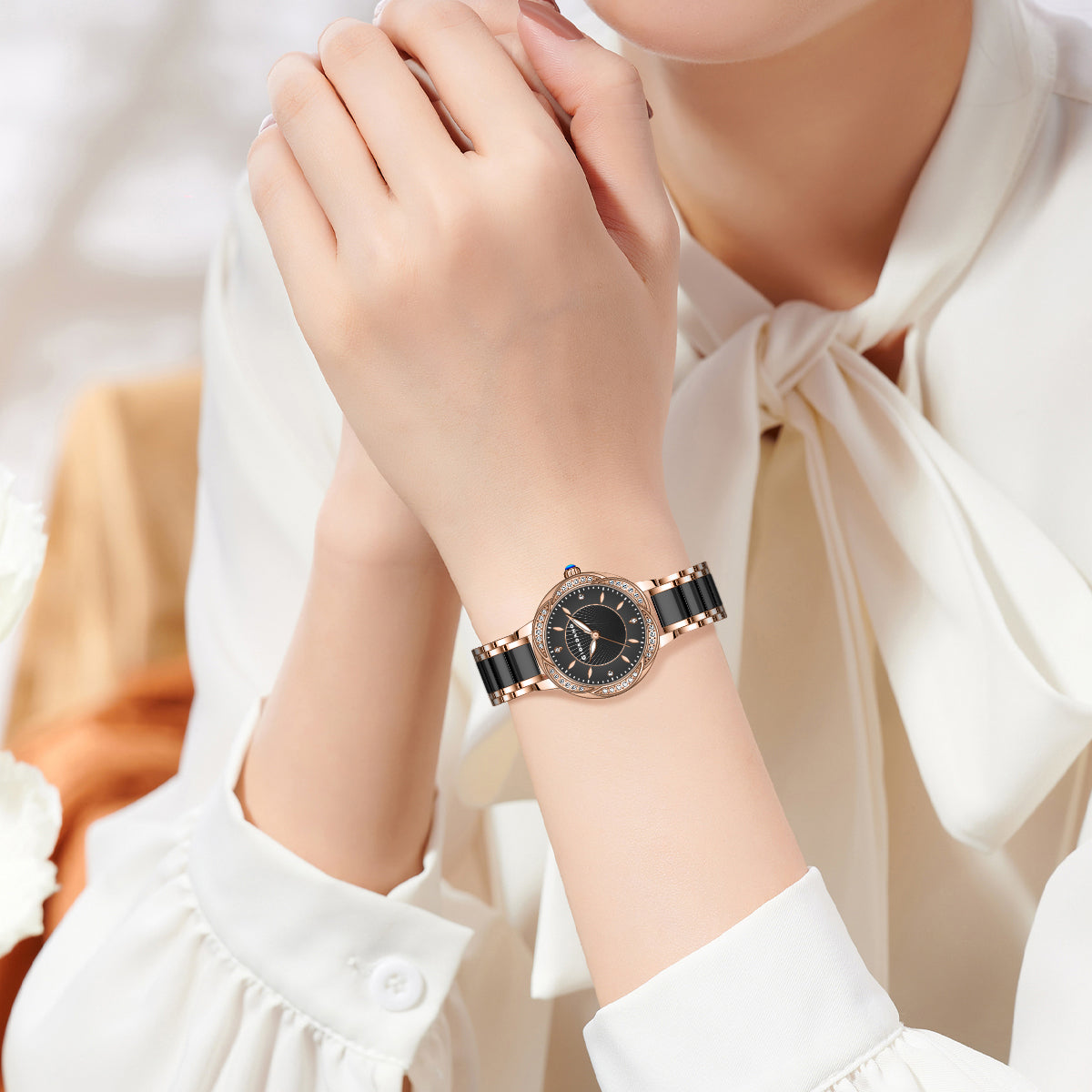 Giordano Flower Case Watch for Women with Crystal-Studded Bezel, Diamond Hour Markers & Dual Tone Stainless Strap | GZ-60095-11