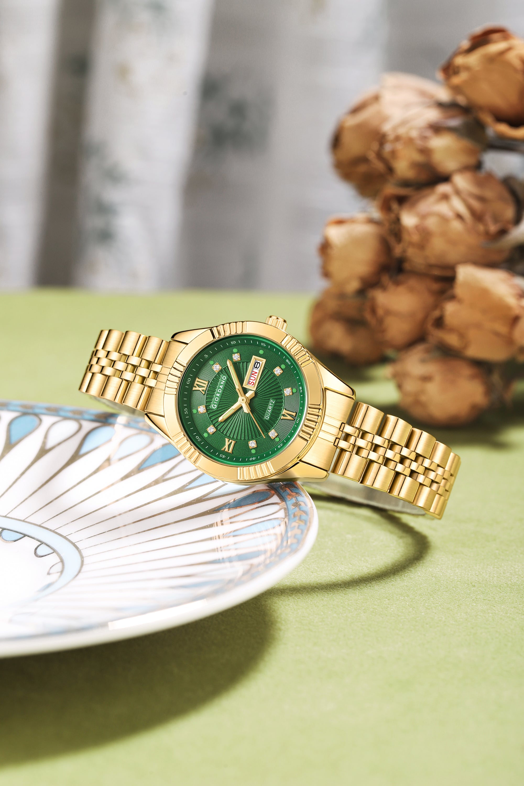 Giordano Analog Quartz Watch for Women with Day & Date Display, Textured Dial, Diamond Hour Markers, Roman Numerals Stainless Steel Strap - GZ-60172-33