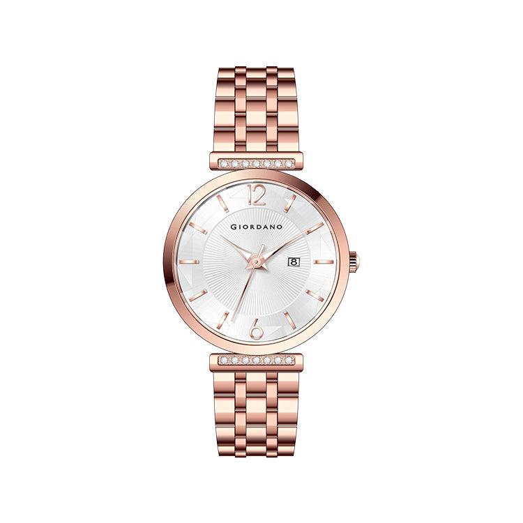 Giordano Exquisite Analog  Watch for Women with Round cut glass Textured Dial, Stainless Steel strap and date display | GZ-60111-33