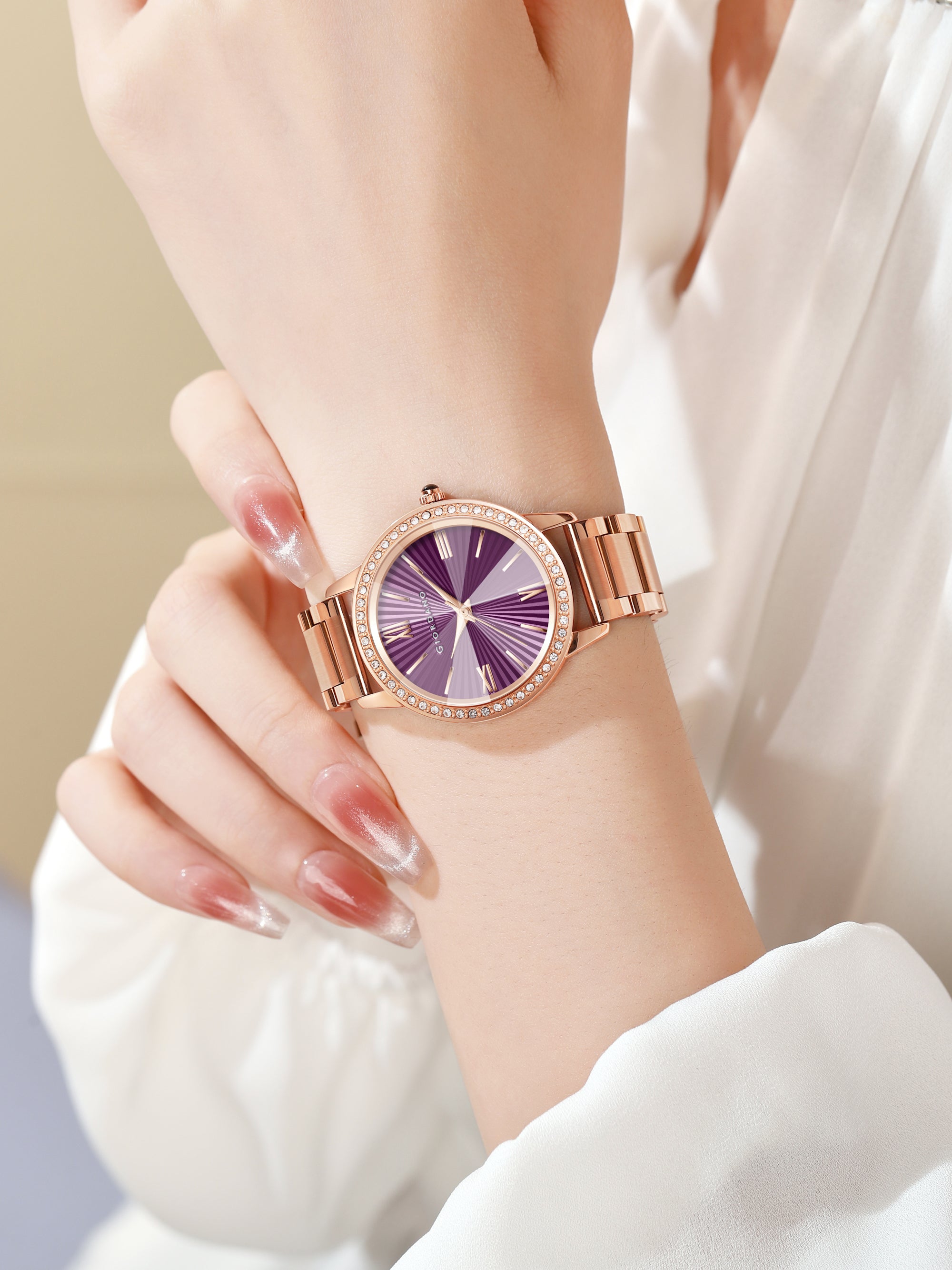 Giordano classic Watch for Women with Round Diamond Cut Glass Dial, Elegant Stainless Steel Strap with Quartz Movement | GZ-60118-33