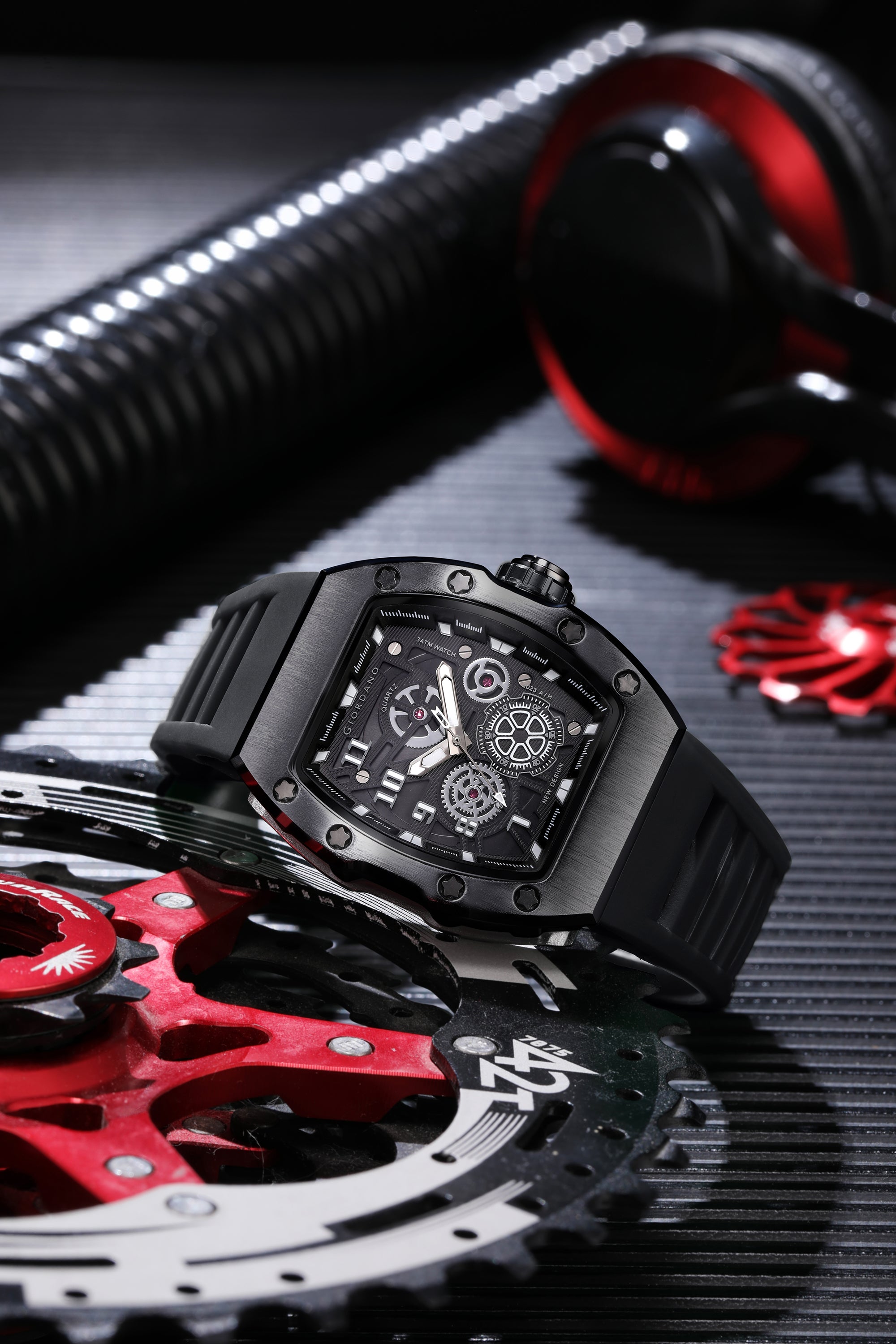 Giordano Sqaure Analog Casual Sporty Watch for Men – Mechanical-Inspired Design dial, Quartz Movement, silicon strap and date display | GZ-50150-01