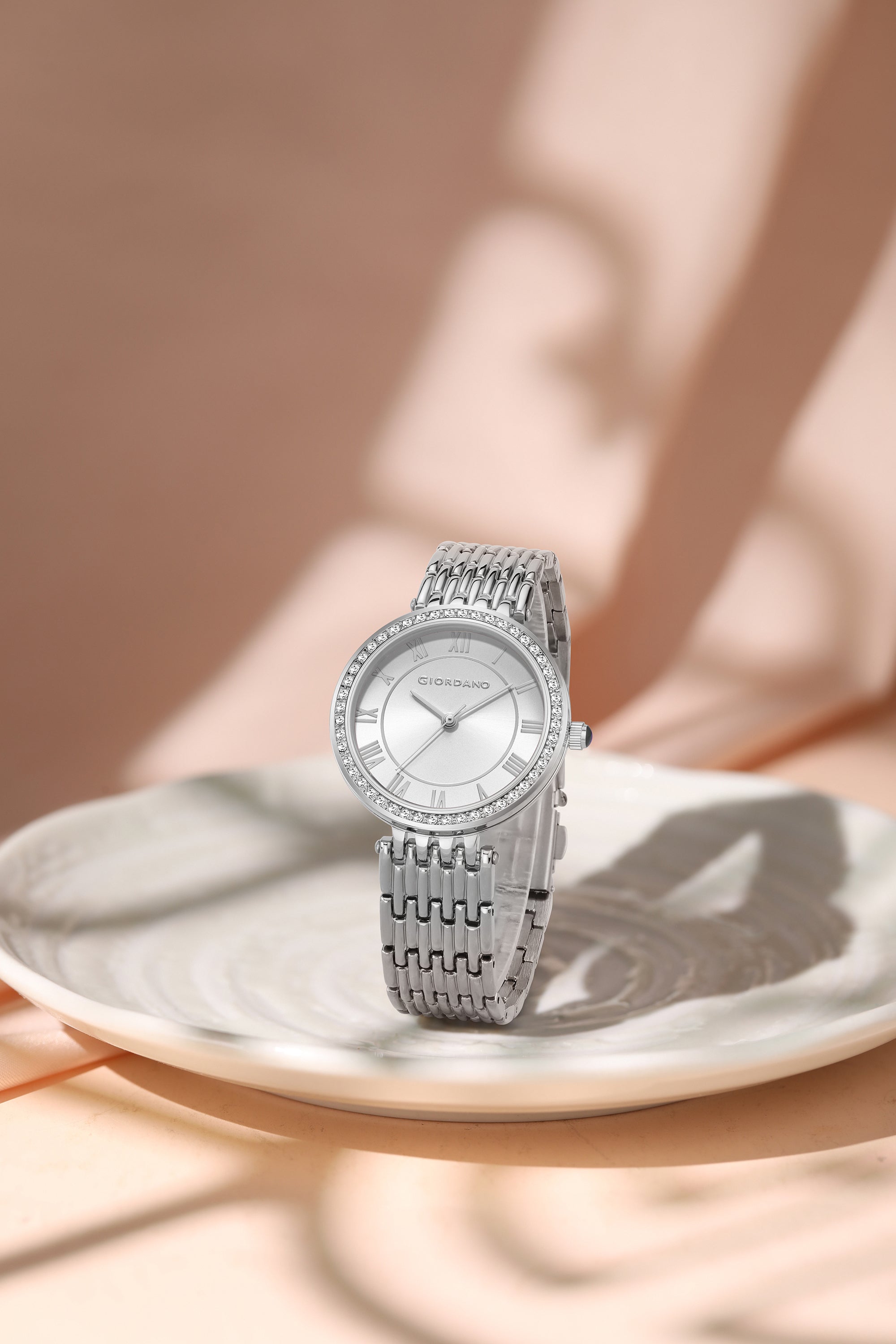 Giordano Eleganza Collection Watch for Women with Stainless Steel Strap and Crystal Embellished Bezel, Roman Numerals-A2083-77