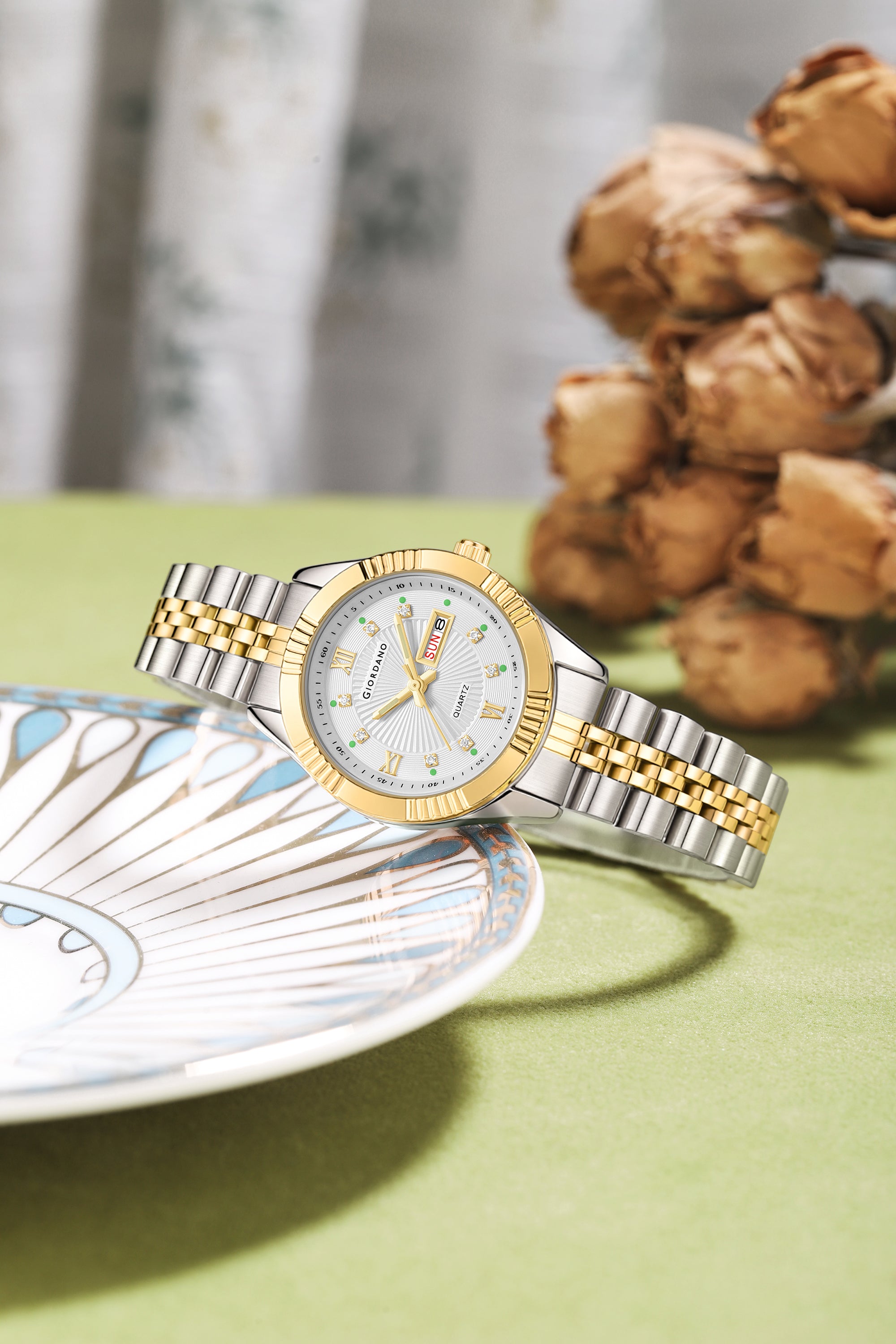 Giordano Analog Quartz Watch for Women with Day & Date Display, Textured Dial, Diamond Hour Markers, Roman Numerals Stainless Steel Strap - GZ-60172-22