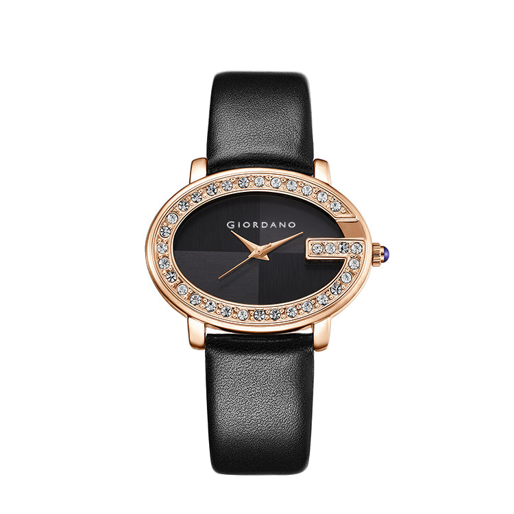 Giordano Monogram Watch for Women with Elegant Oval Shape Dial ,crystal bezel, Quartz Movement and Leather Strap | GZ-60105-01
