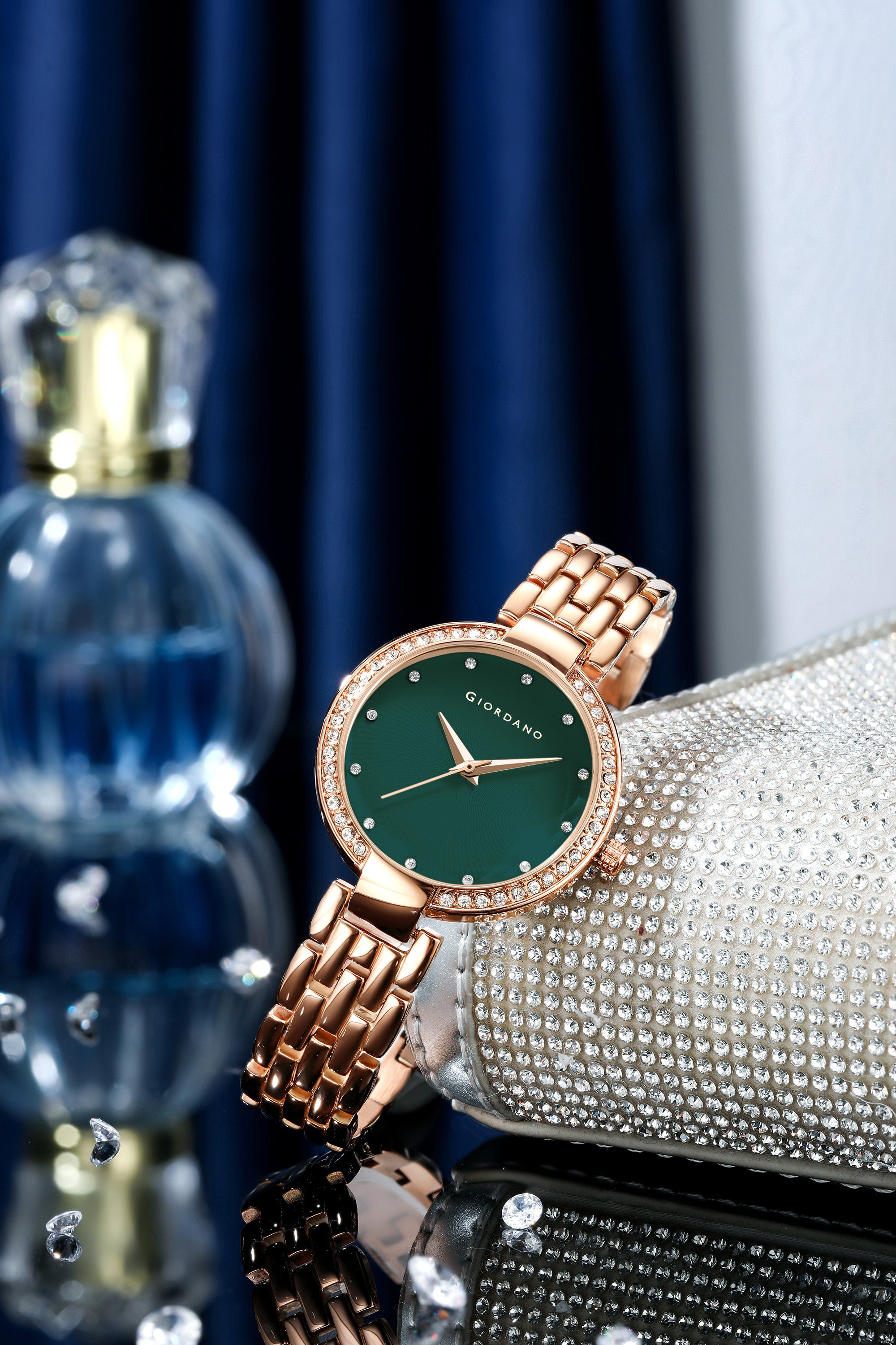 Giordano Analog Watch for Women with Diamond Indices, Stainless Steel Strap and Crystal Embellished Bezel | GD-2141-66